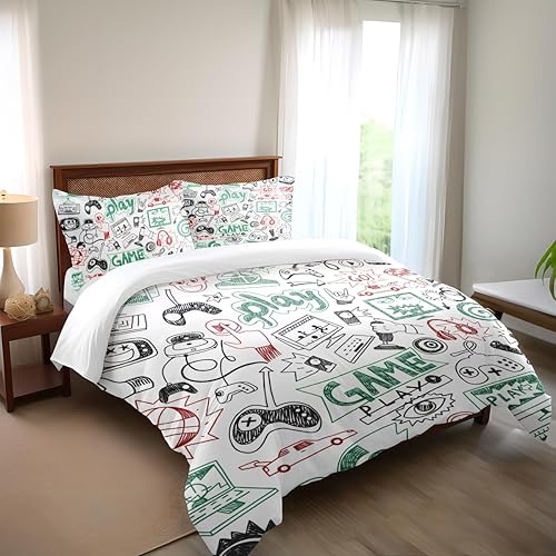 Miniatura 1 de Vichonne Juego de edredón para niños y adolescentes, tamaño Queen, juego de ropa de cama para niños, videojuegos, estilo boceto, atlético, diseño de