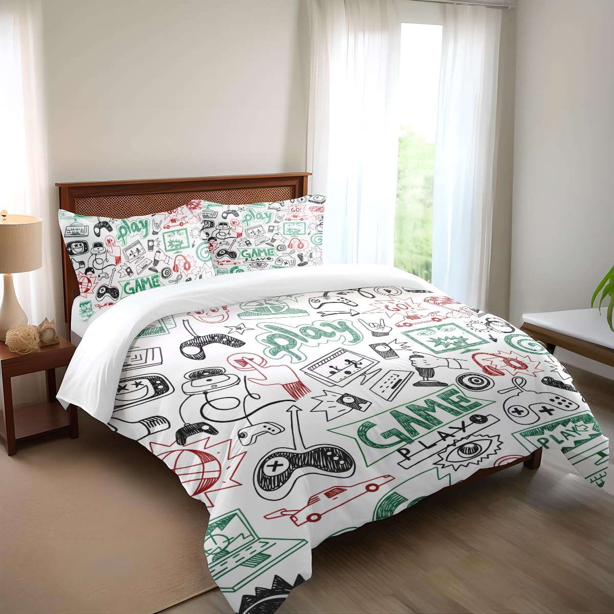 Vichonne Game Comforter Sets for Boys Teen Queen Size | Kids Video Games, Sketch Style, Athletic Racing, Bedroom Decor