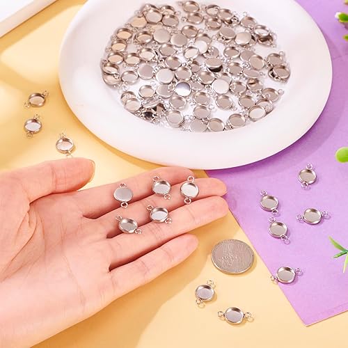 Miniatura 41 de Craftdady 100 conectores colgantes de bandeja de bisel de 0.98 pulgadas (0.984 in), color blanco cameo redondo, cabujón de acero inoxidable, doble