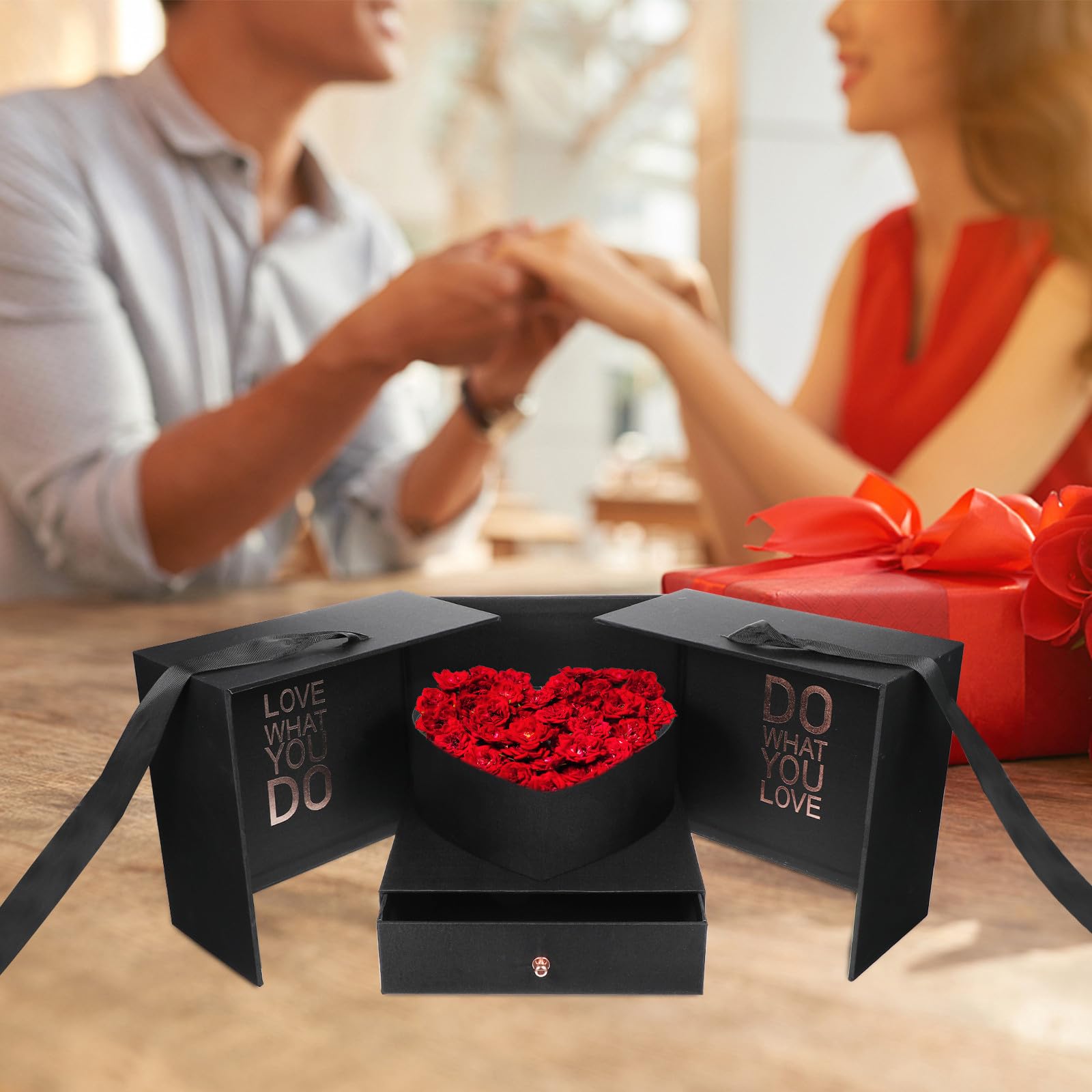 Scatola Regalo a Forma di Cuore, Flower Box per Fiori e Rossetto, Cartone e Tessuto, Nera, Riutilizzabile, per Compleanno e Altre Occasioni