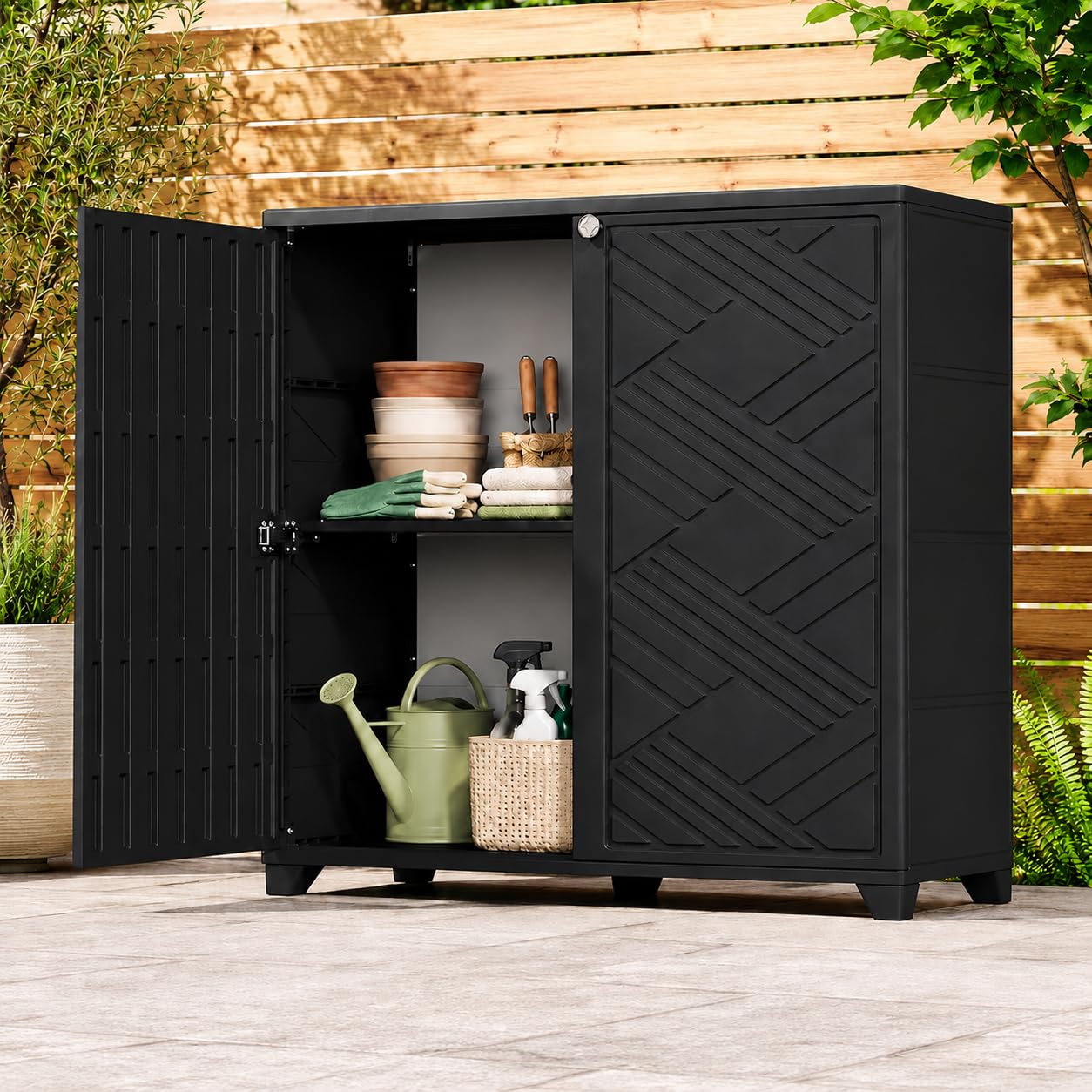 ADDOK 60 gallon outdoor storage cabinet in black with metal shelf