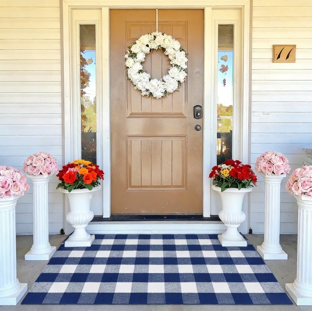 Navy Blue and White Buffalo Plaid Rug 3' x 5', Washable Farmhouse Non-Slip Checkered Doormat, Indoor Outdoor Floor Mat for Living Room, Bedroom, Entryway, Kitchen, Laundry Room