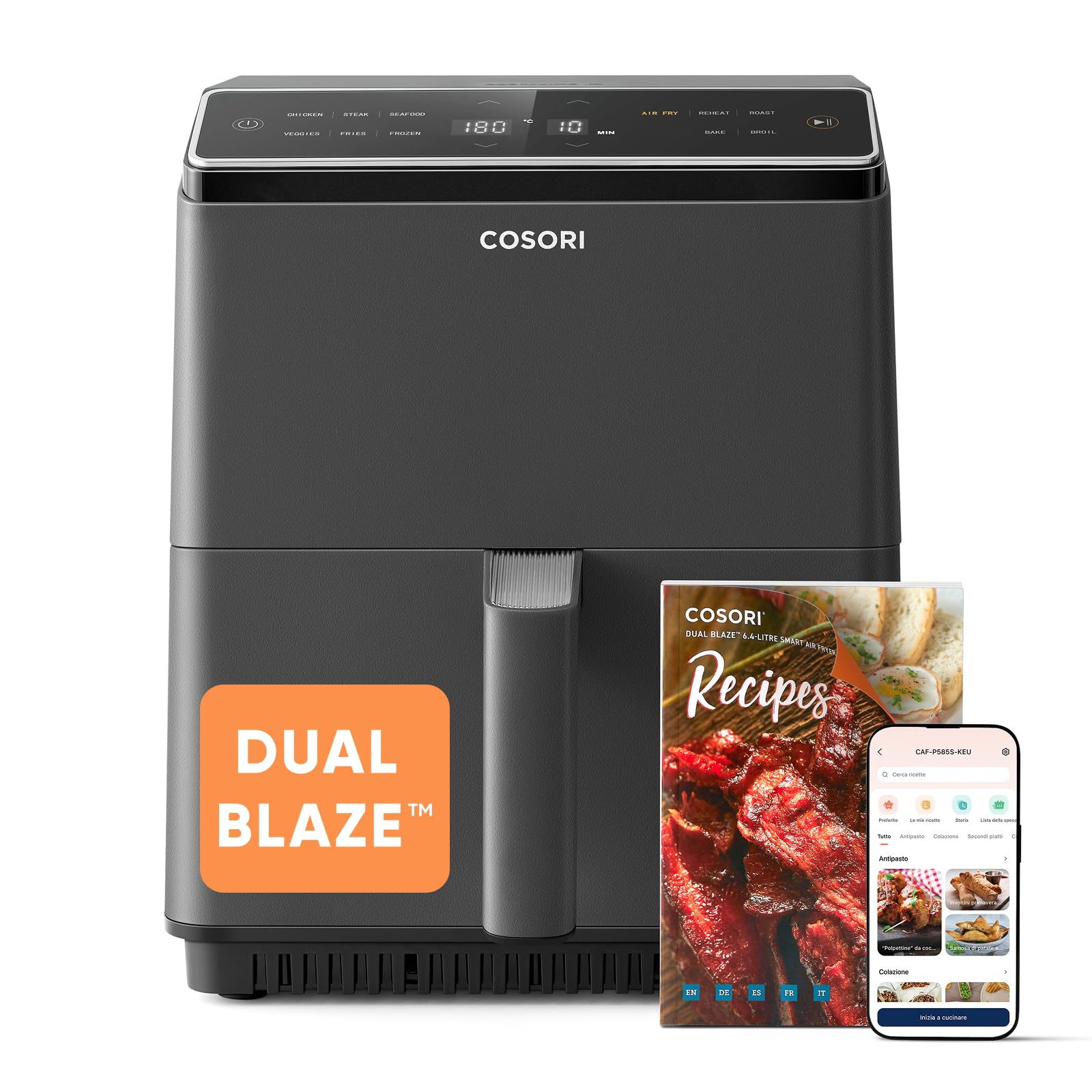 COSORI Friggitrice ad Aria, Air Fryer 6,4 Litri, Forno Elettrico, Doppia Resistenza, Connessione Wifi, 11 Funzioni Preimpostate, Libro&APP Ricette, 1700W, P585S Grigio Scuro