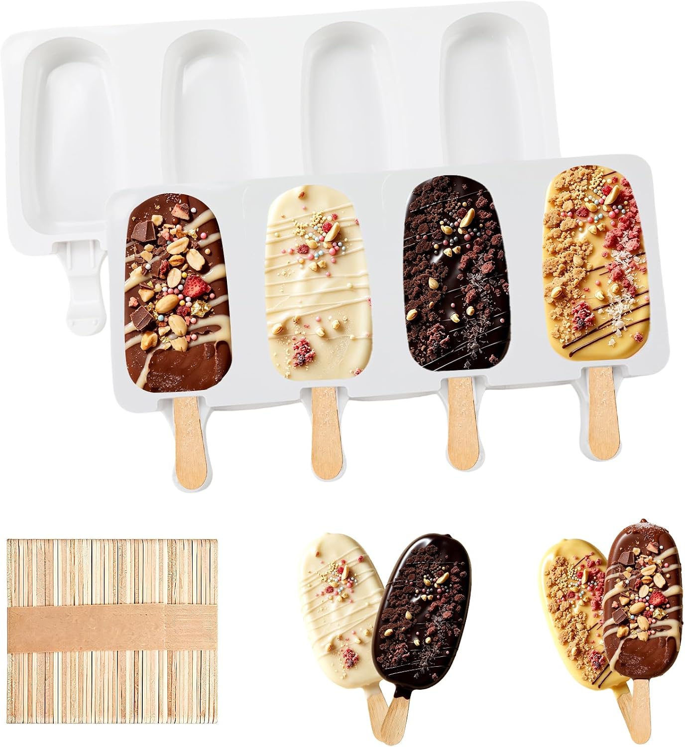 Silicone Popsicle Molds, 2 Pcs White Popsicles Molds, 4 Cavities Ice Cream Mold with 50 Wooden Sticks for Making Cakesicles Fudgesicle Candy DIY Cake Ice Pop Summer Party Supplies