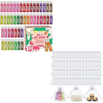 Yopela 130 Pack Lip Balm Bulk & 60pcs Organza Gift Bags Natural Lip balm with Vitamin E and Coconut Oil, Moisturizing, Soothing, and Repairing Dry and Chapped Lips
