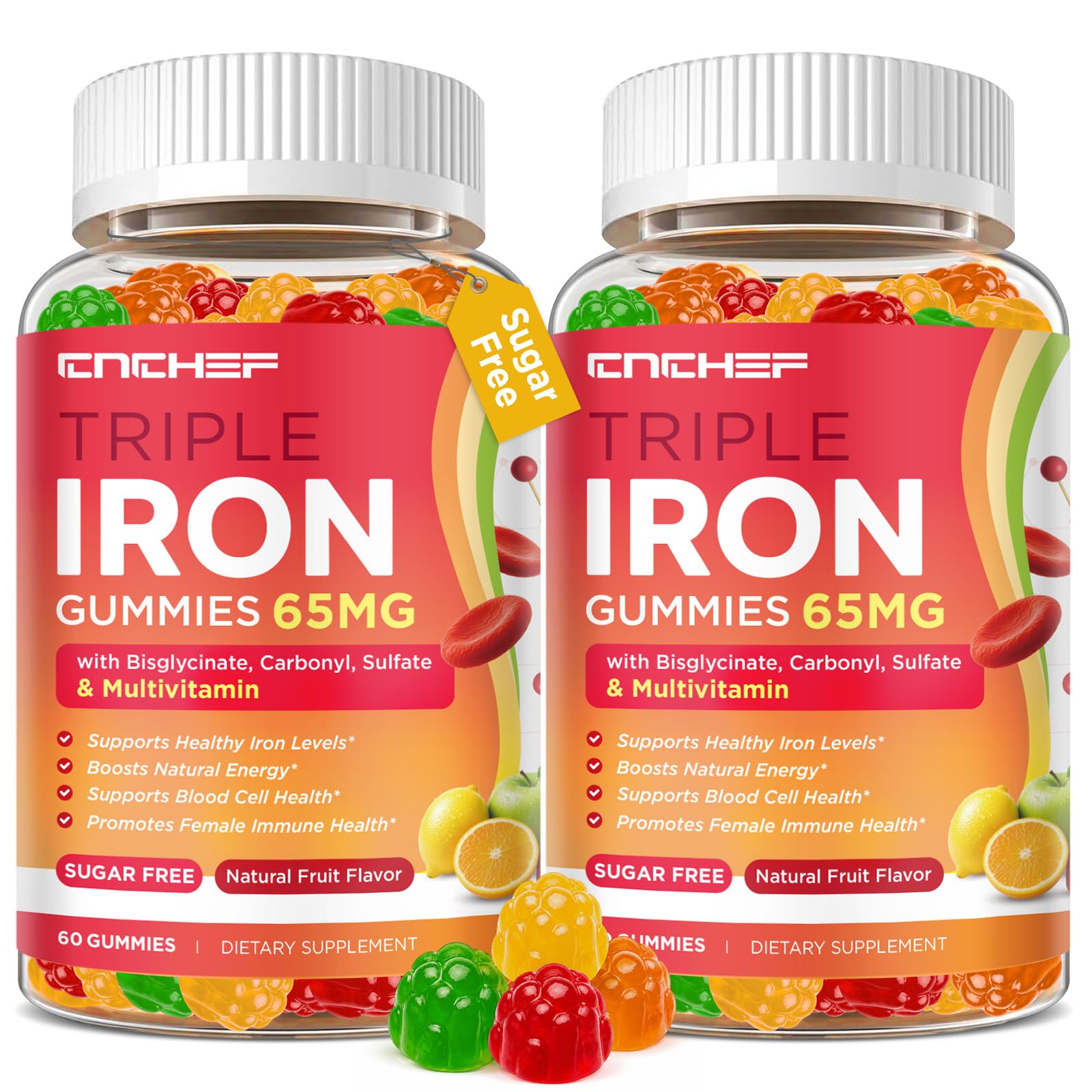 65mg Iron Gummies with Multivitamin, Iron Supplement for Women & Men with Calcium, Folate for Adults, Energy & Immune Health Support for Iron Deficiency, Sugar-Free, Strawberry Flavor, 120 Count — Amazon image 8