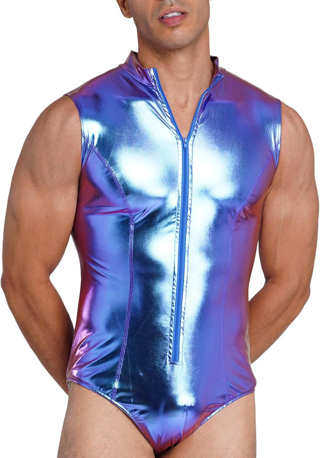 Hedmy Mens Shiny Metallic Faux Leather Rave Bodysuit Disco Leotard Tops