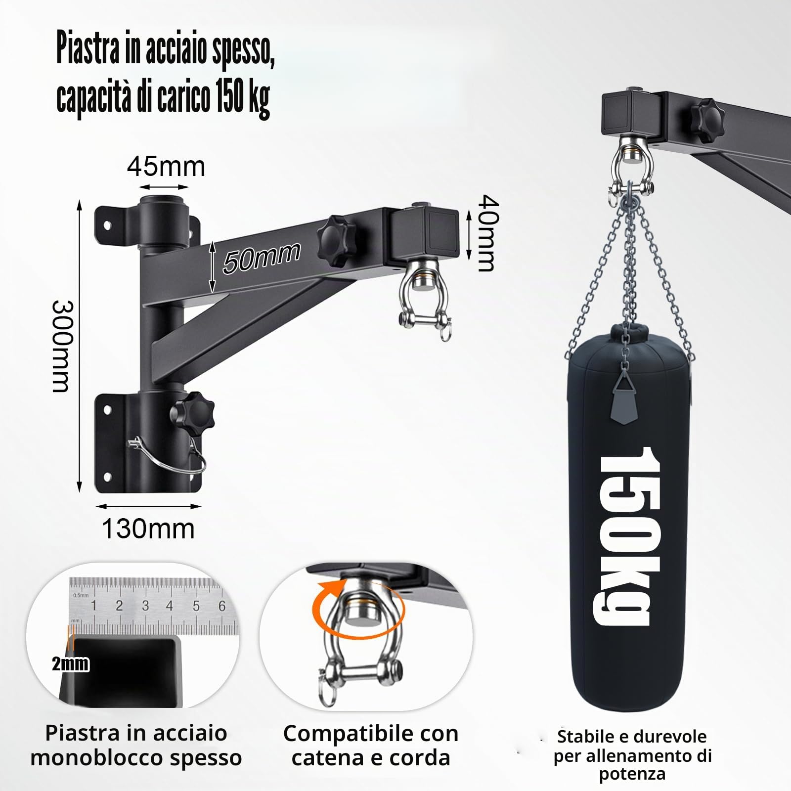 JAOGAUS Supporto Sacco da Boxe a Muro Regolabile e Ripiegabile | Staffa per Sacco Boxe con Lunghezza Regolabile 43-63 cm, Rotazione 180° e Portata 150 kg per Casa, Garage e Palestra
