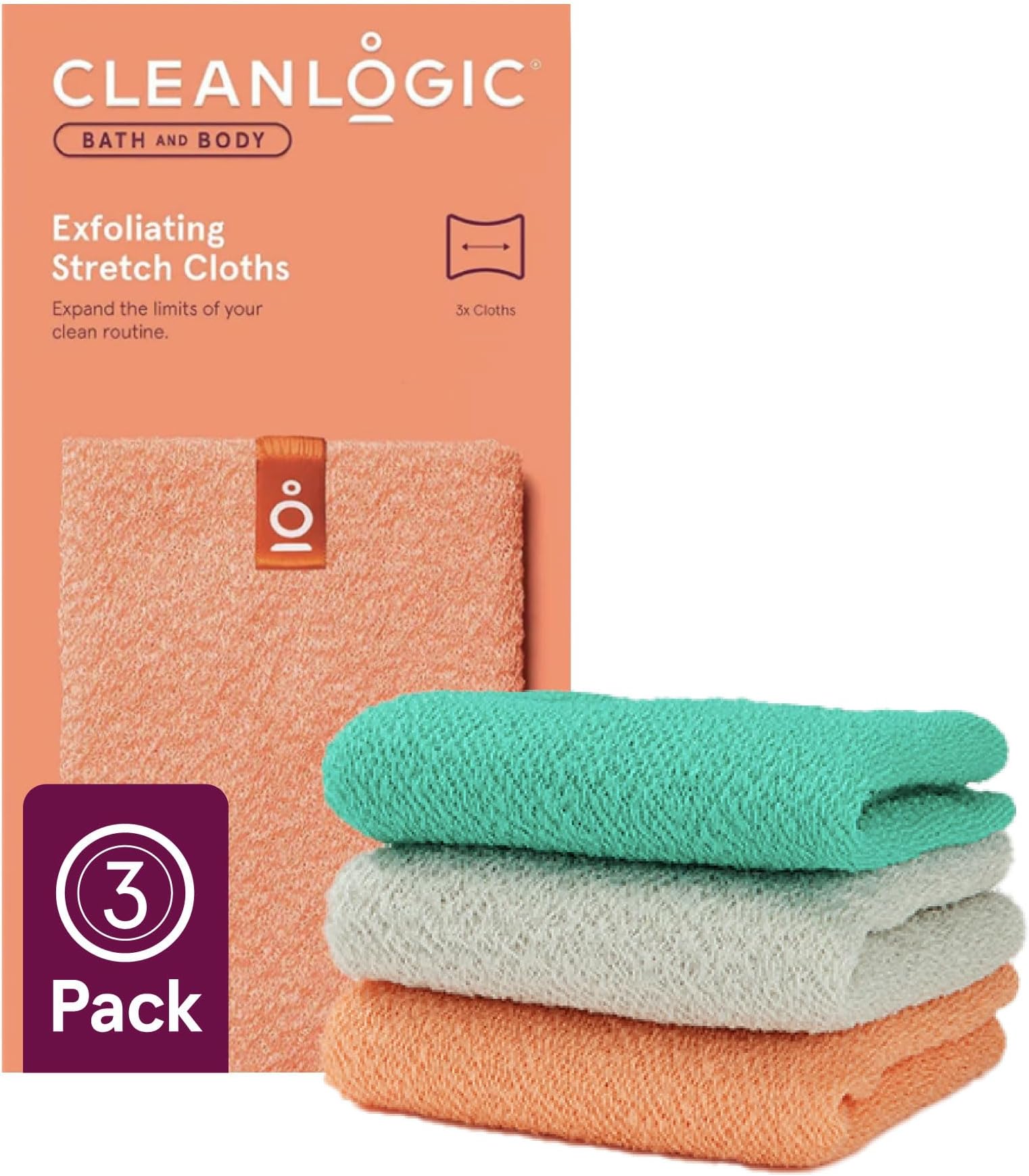 Cleanlogic Body Exfoliating Cloth, Stretchy Exfoliator Bath and Shower Washcloths for Smooth and Softer Skin, Reusable Daily Skincare Tool, Assorted Colors, 3 Count Value Pack