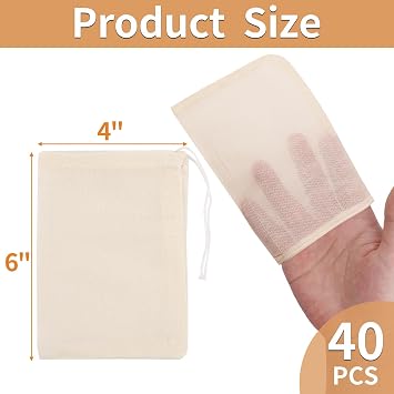 40 Pcs Spice Bags for Cooking, Muslin Reusable Tea Bag Drawstring Sachet | 4x6 Inch Unbleached Natural Cotton Bag for Soup, Loose Leaf Tea, Herb, Empty Cheese Cloth Bag for Straining