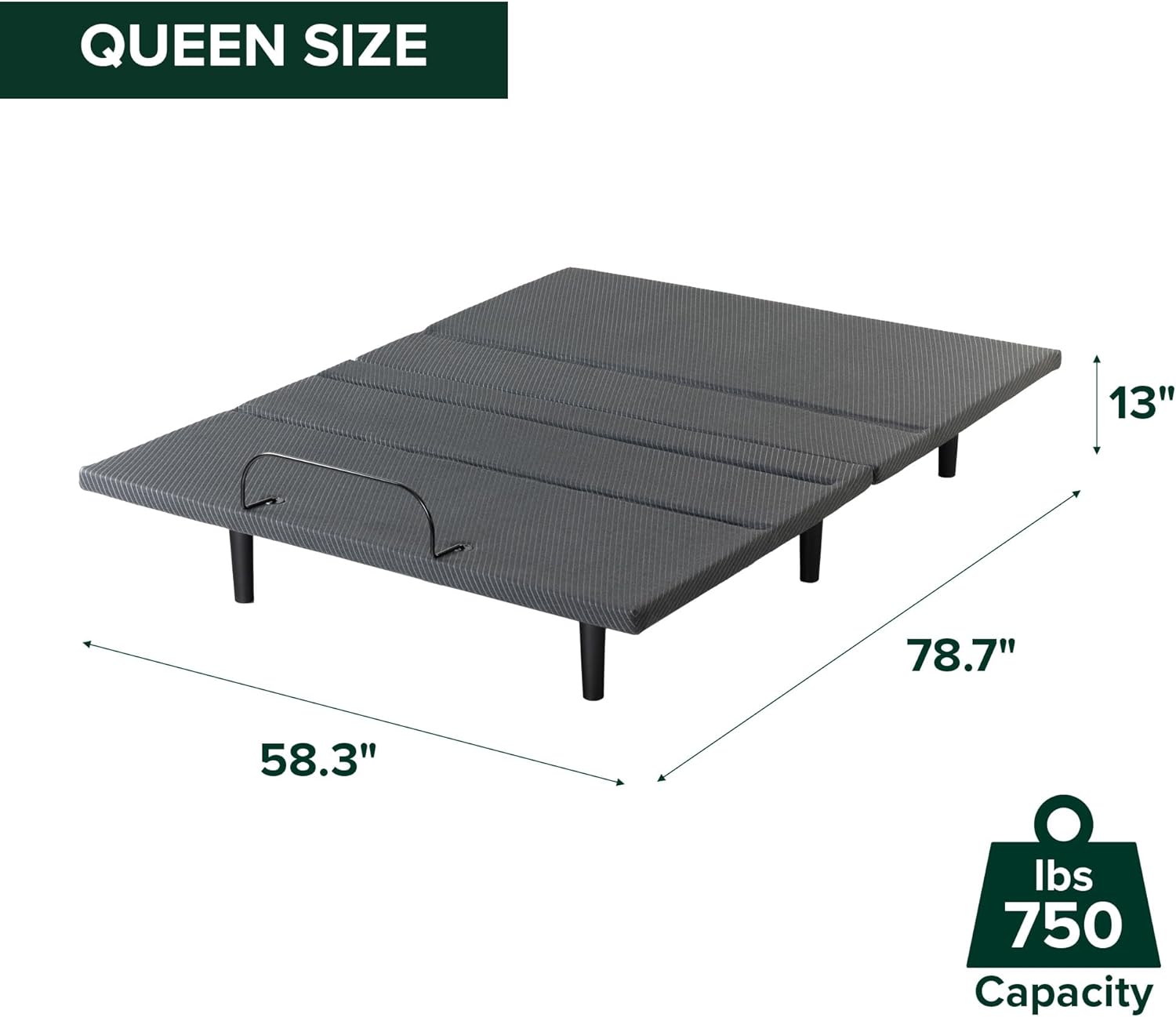 Diagram showing the dimensions of the Queen size Zinus Nadia Adjustable Bed Frame: 58.3 inches width, 78.7 inches length, and 13 inches height, with a 750 lbs capacity.