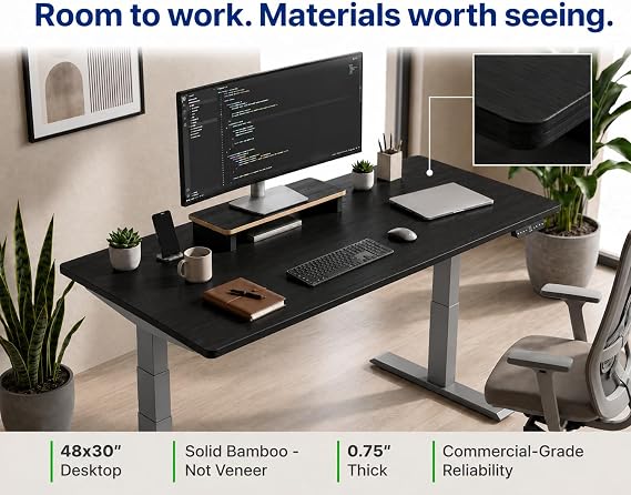 Rise Up Electric Standing Desk Adjustable Height 24-49 Dual Motor One Piece Bamboo Large Standing Desk 48x30, Sit Stand Desk Rising Desk Home Office