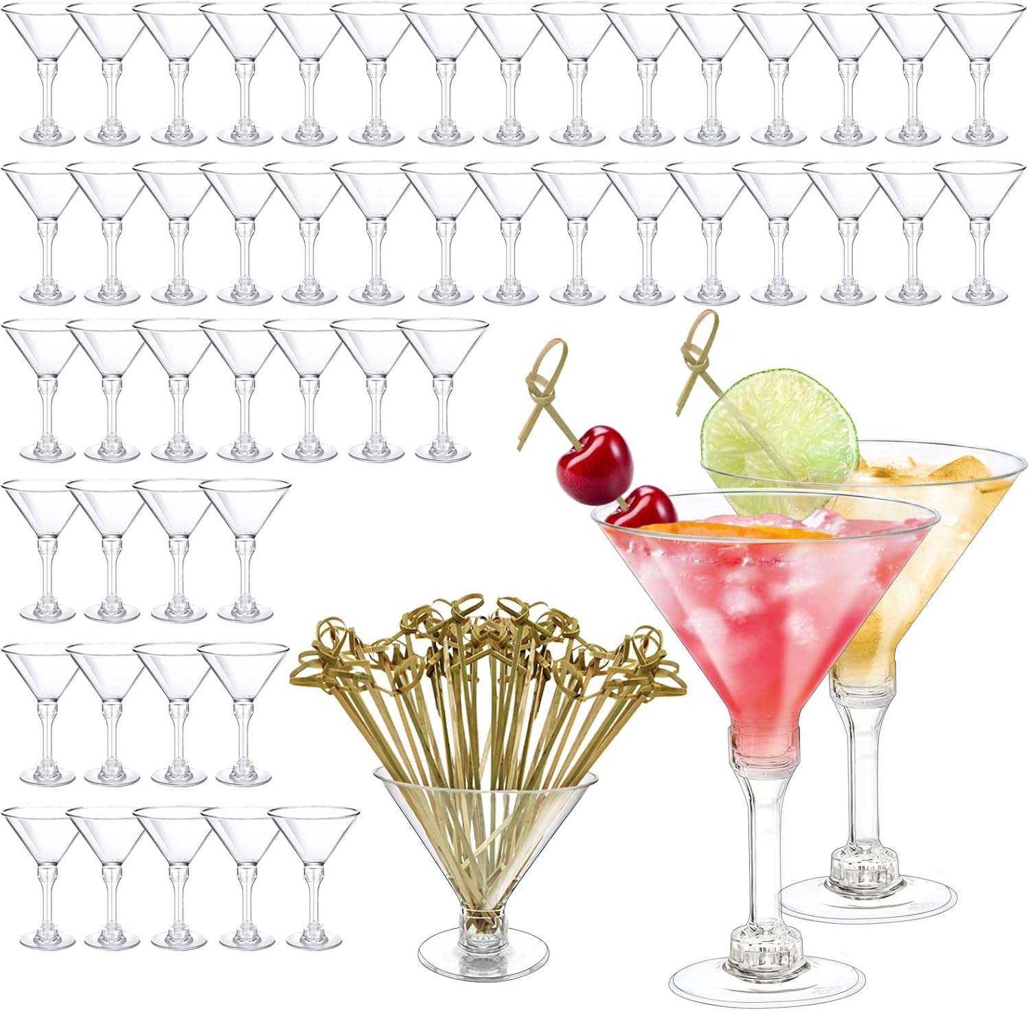 50 Pack Plastic Martini Glasses Sets for Party 7oz Clear Cocktail Glasses with Sticks Plastic Disposable Cups Perfect for Wine, Appetizers, Btirhday Wedding Easter and All Events（100pcs）