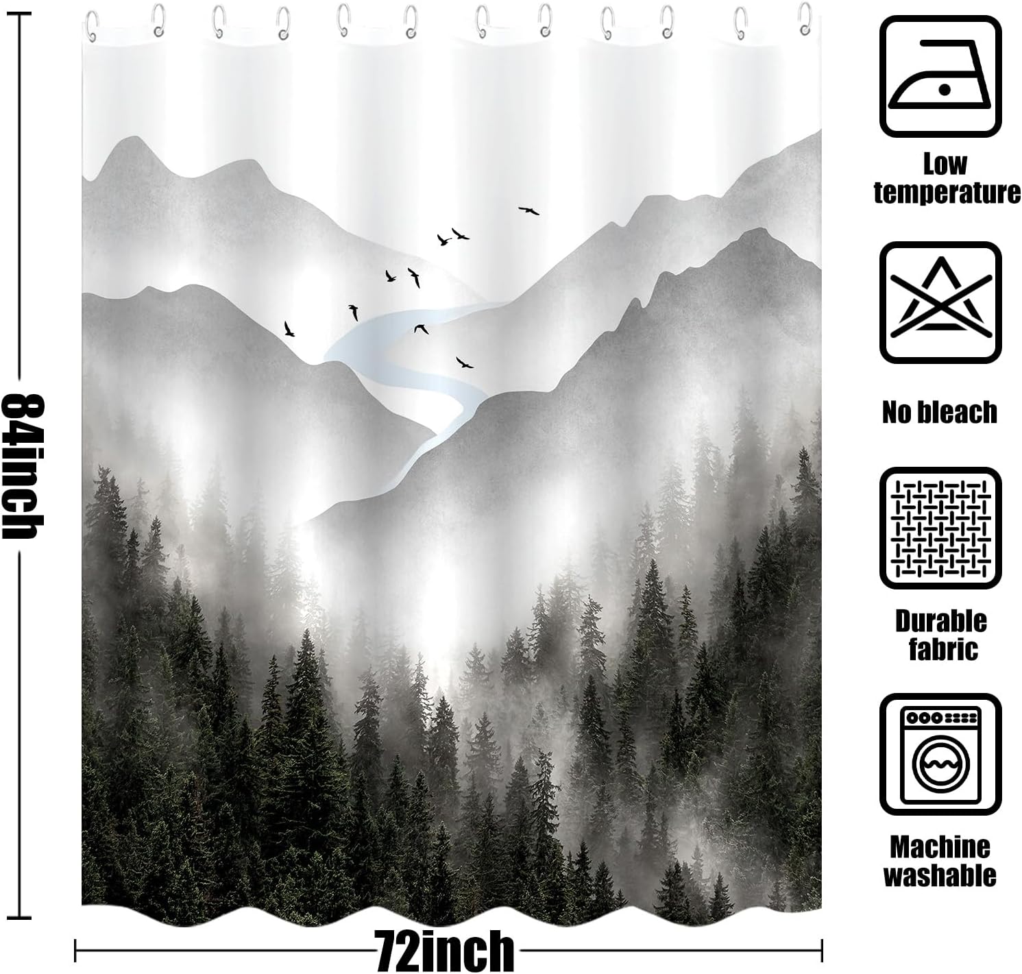 Extra Long 84 Inch Gray Misty Forest Shower Curtain Grey Nature Foggy Tree Mountain Shower Curtains for Bathroom Waterproof Fabric Woodland Decorative Modern Bath Curtain (Dark1, 72" x 84")