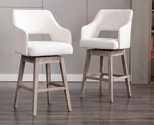 Vista 34 de Kmax Taburete de bar de tela con altura de mostrador, taburete giratorio de bar con patas de madera, reposapiés trasero abierto para isla de cocina