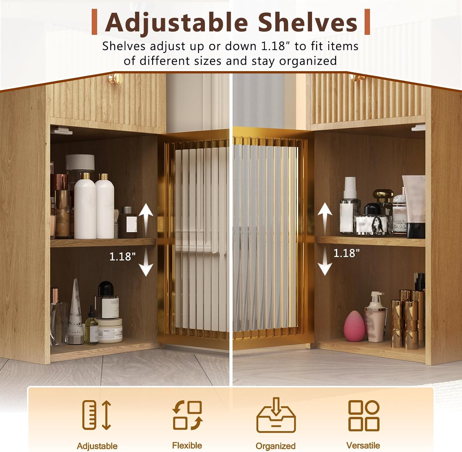 Corner Vanity Desk with 3-Way Mirror and Lights, Makeup Vanity Table with Large Drawer & Cabinets, Wooden Dresser for Bedroom with Glass Top, Power Outlet, Hair Dryer Holder & Stool (Wood)