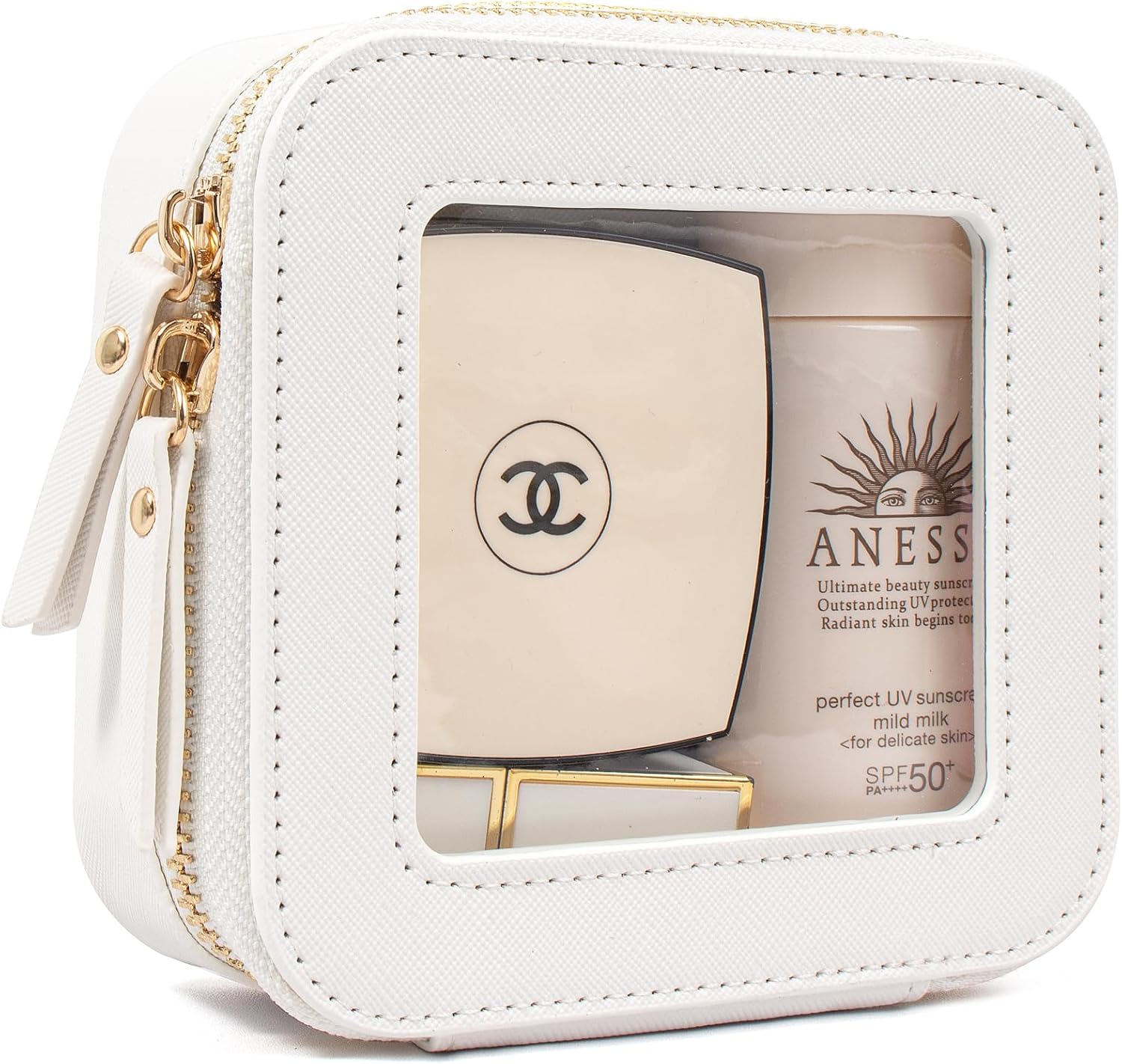 KOTORA Small Makeup Bag for Purse Cute Travel Makeup Bag Clear Cosmetic Bag with Zipper, Car Make Up Bag Organizer Storage Traveling Car Accessories Travel Essentials for Women (Mini White)