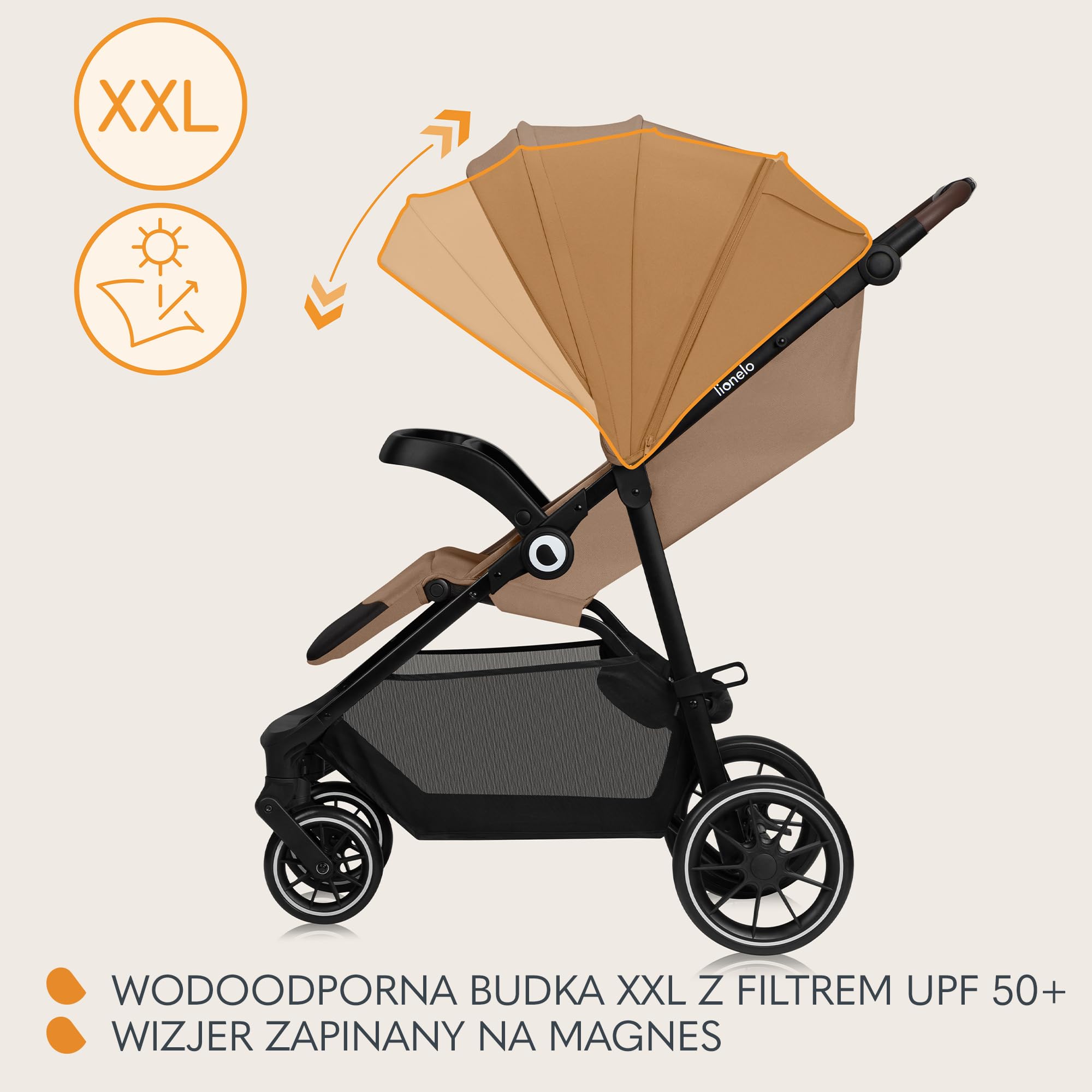 LIONELO EMMA ONE Spacerowy Wózek Dziecięcy do 22 kg od 6 m do 4 lat Obrotowe Koła 360° Pełna Amortyzacja Składany Jedną Ręką Regulacja Oparcia i Podnóżka Daszek XXL UPF50+ | Obrotowe kółka o 360°, pełne zawieszenie, składane jedną ręką, regulowane oparcie