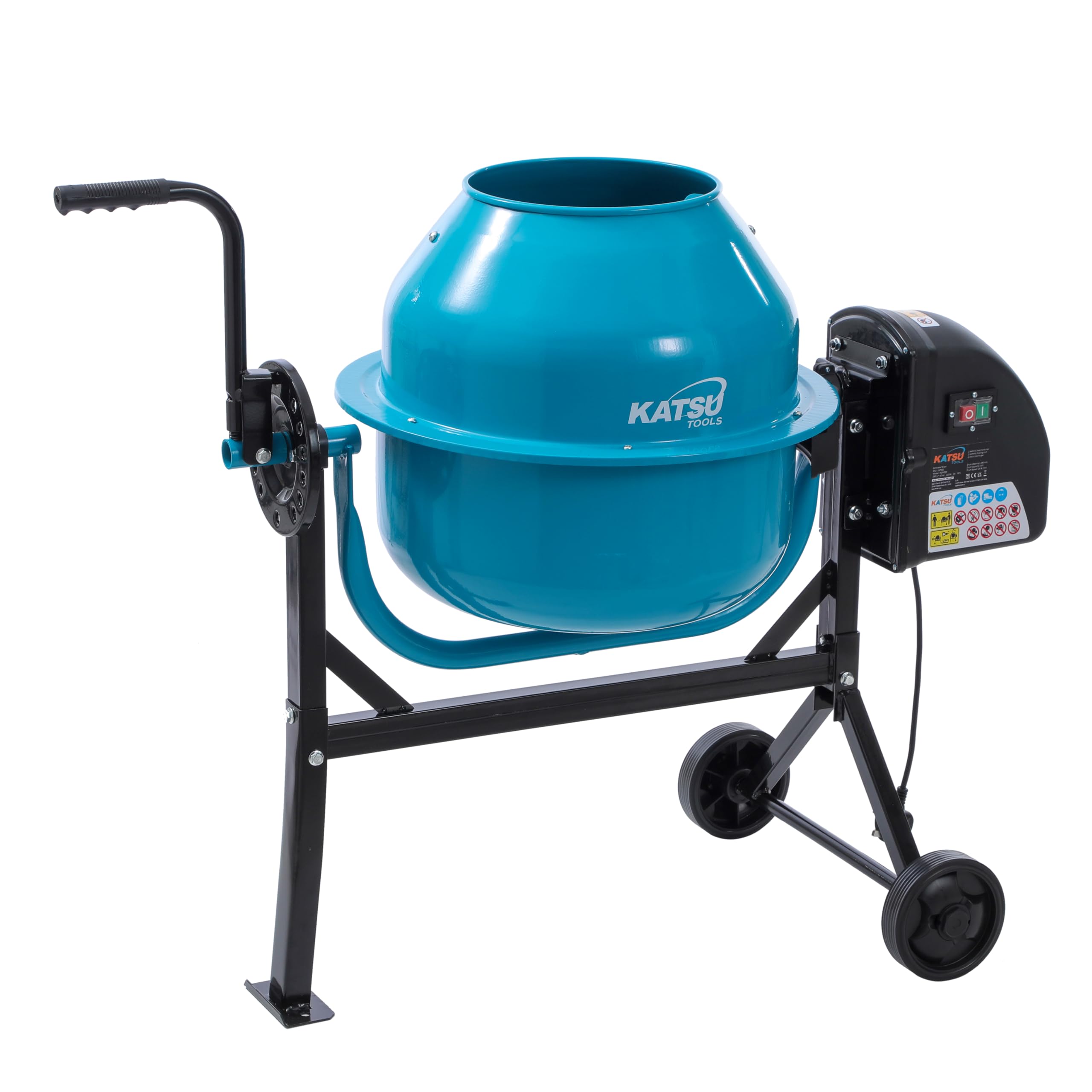 KATSU Tools Electric Concrete Mixer 63L - 220W Portable Cement Mortar Mixing Machine with Wheels, Stand and Tipping Handle, Ideal for DIY and Construction, Model 167340