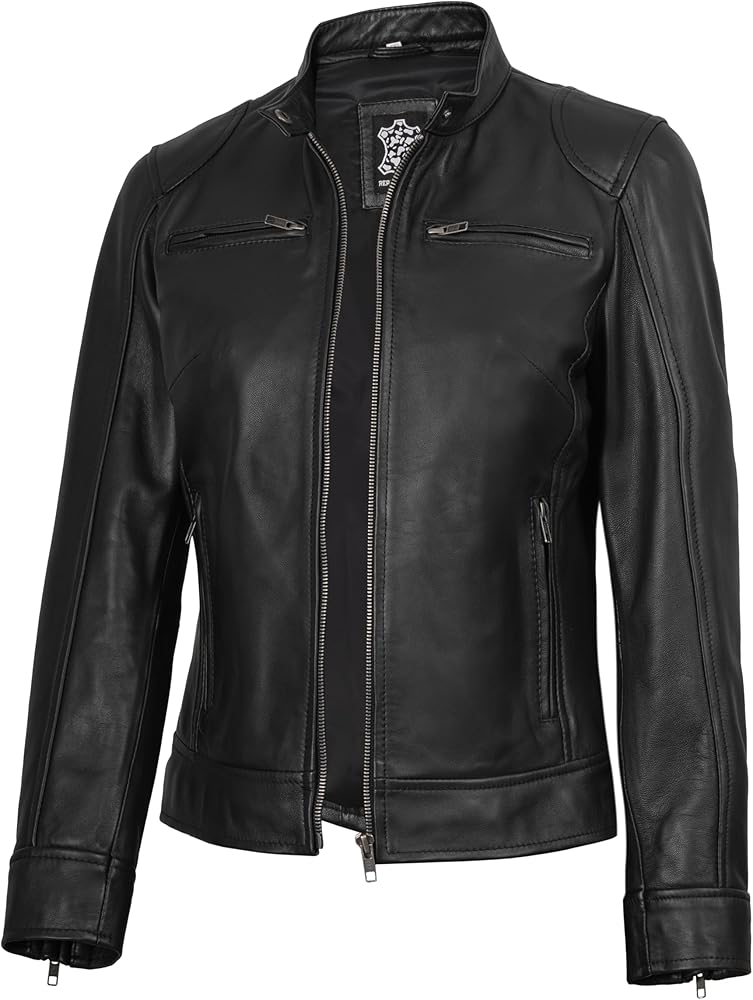 fjackets Black Leather Jackets For Women - Cafe Racer Moto Genuine fjackets Black Leather Jackets For Women - Cafe Racer Moto Genuine