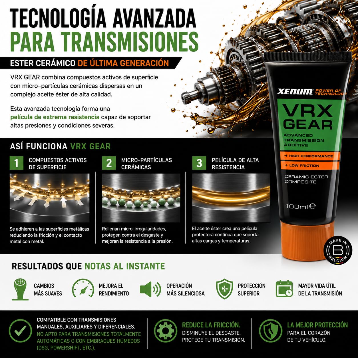 Xenum VRX Gear Aditivo Cerámico para Aceite de Transmisión 100 ml | Reduce Fricción, Ruido y Desgaste | Cambios Más Suaves | Para Cajas Manuales, Auxiliares y Diferenciales