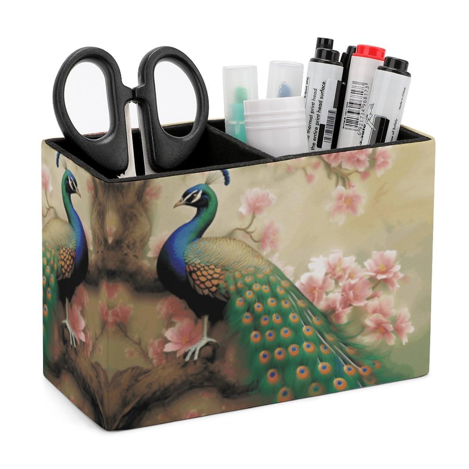 LZQPOEAS Exquisite Patterns PU Leather Pen Holder, Multifunctional Desktop Organizer Caddy with 2 Compartments, Oriental Peacock on Flower Tree Pencil Cup Makeup Brush Holder for Office Home