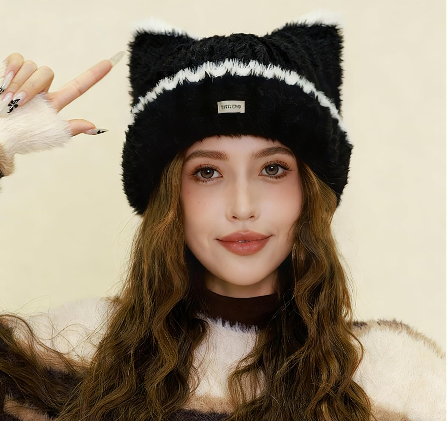 Women Winter Y2K Cute Cat Ears Hats Slouchy Plush Knitted Beanie Snow Ski Hat Fuzzy Warm Crochet Skull Cap 2026 - Image 3