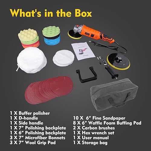 Miniatura 3 de Kit de pulidora de búfer, pulidora rotativa de 1600 W con almohadillas de 6 pulgadas7 pulgadas, 7 velocidades 1000-3500 RPM, mango desmontable para