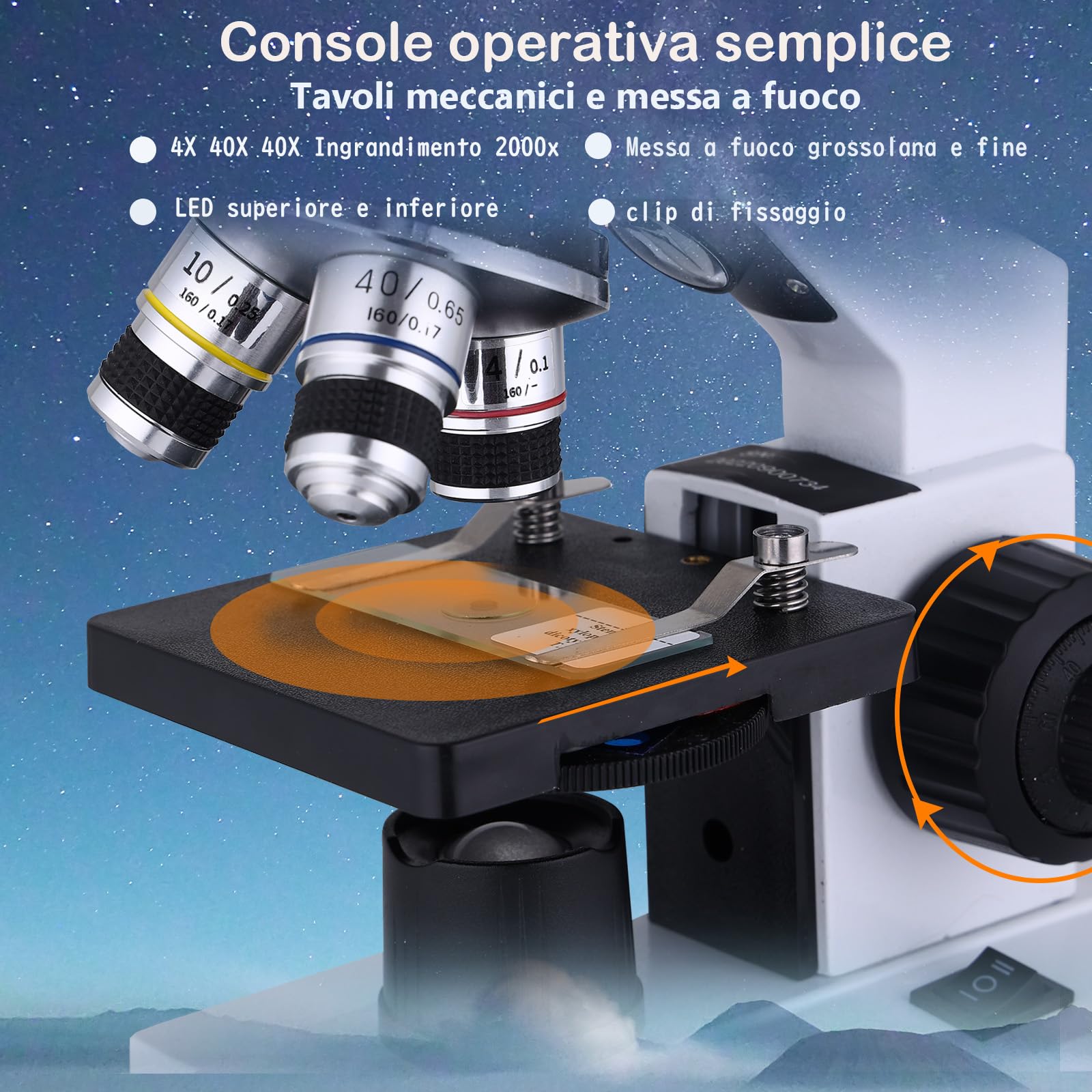 Microscopio ottico 40X-1000X Microscopio a doppio LED con illuminazione, fase di caricamento meccanico per laboratori, scuole, homeschooling, microscopio di avviamento per bambini adulti