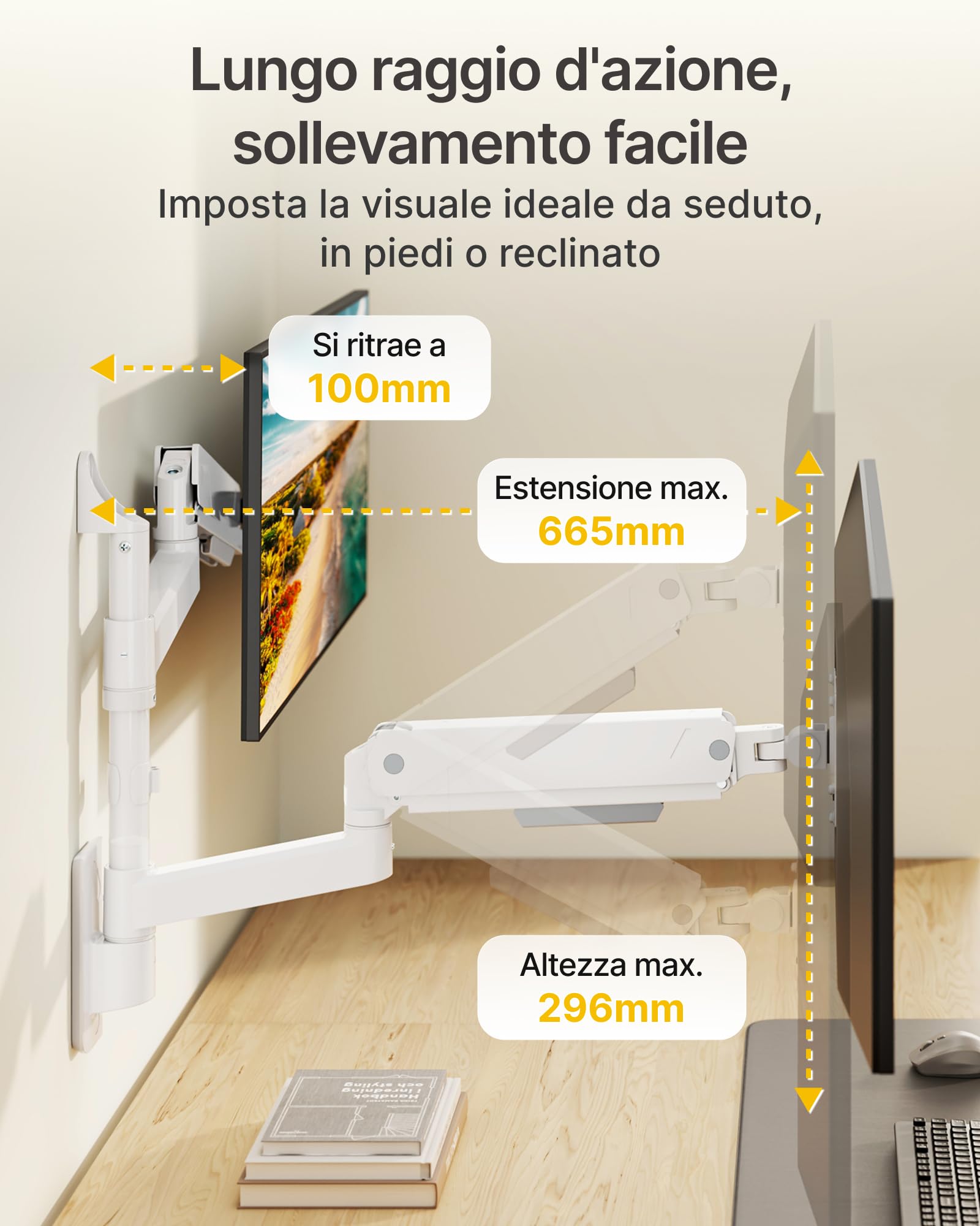 monTEK Supporto da parete per 2 monitor per schermi da 17-35 pollici, fino a 9 kg per braccio, inclinabile, girevole, regolabile in altezza, completamente mobile, VESA 75/100 mm, bianco