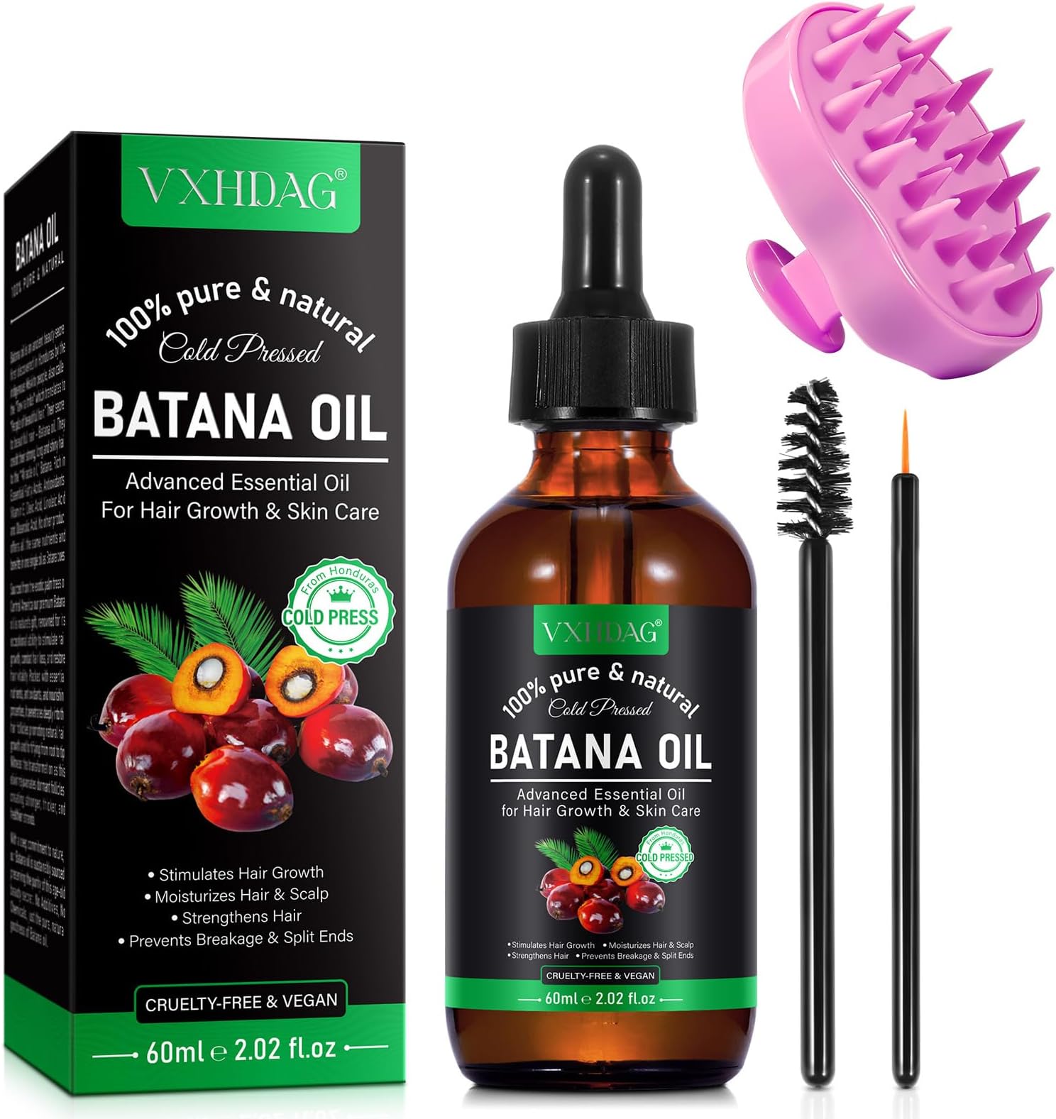 Batana Oil for Hair Growth and Nourishment - Scalp Massager Included, Honduras Pure & Natural Oil for Split Ends Elimination, Enhanced Hair and Skin Radiance, All Hair Types, 2.02 fl oz