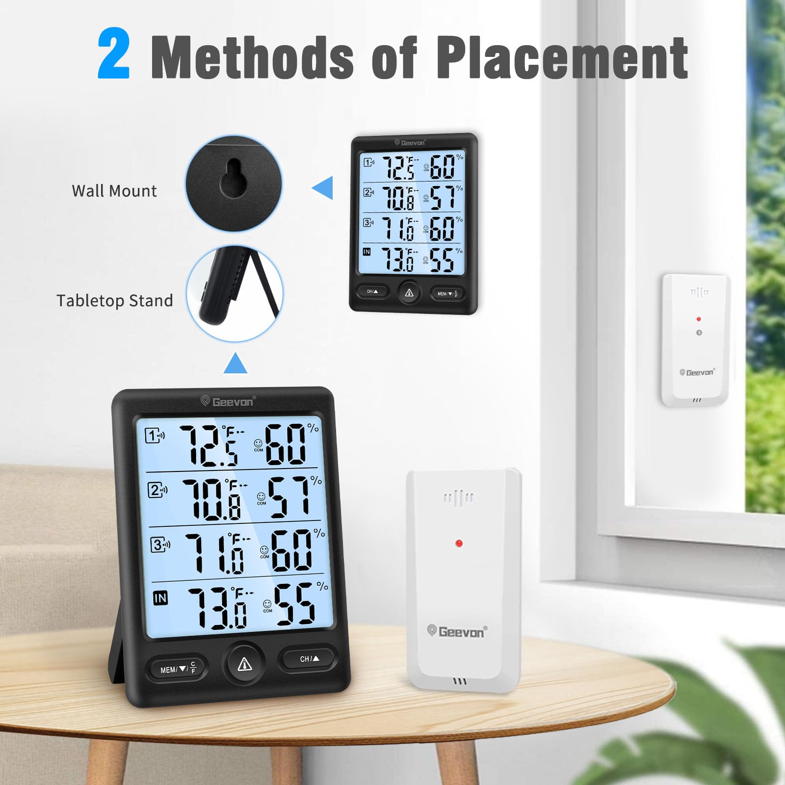 Geevon Thermomètre d'intérieur et d'extérieur sans fil avec 3 capteurs à distance, écran de 12,7 cm, thermomètre hygromètre numérique, moniteur de température et d'humidité avec rétroéclairage 8S