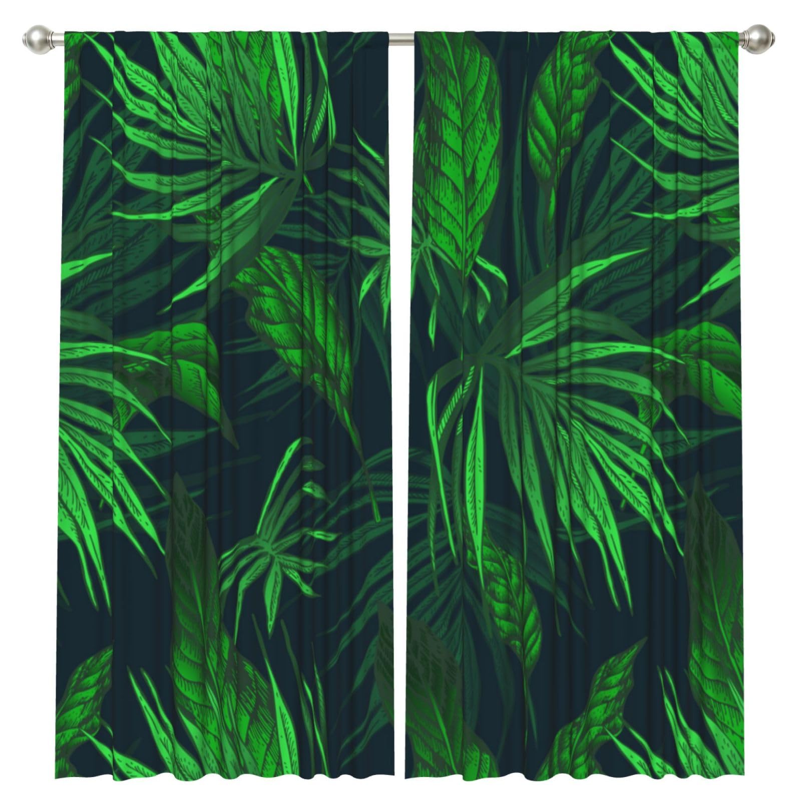 InOmak Green Tropical Jungle Plant Printed, 2 Panels Window Curtains 52 x 84 Inch Blackout Curtains for Living Room Bedroom