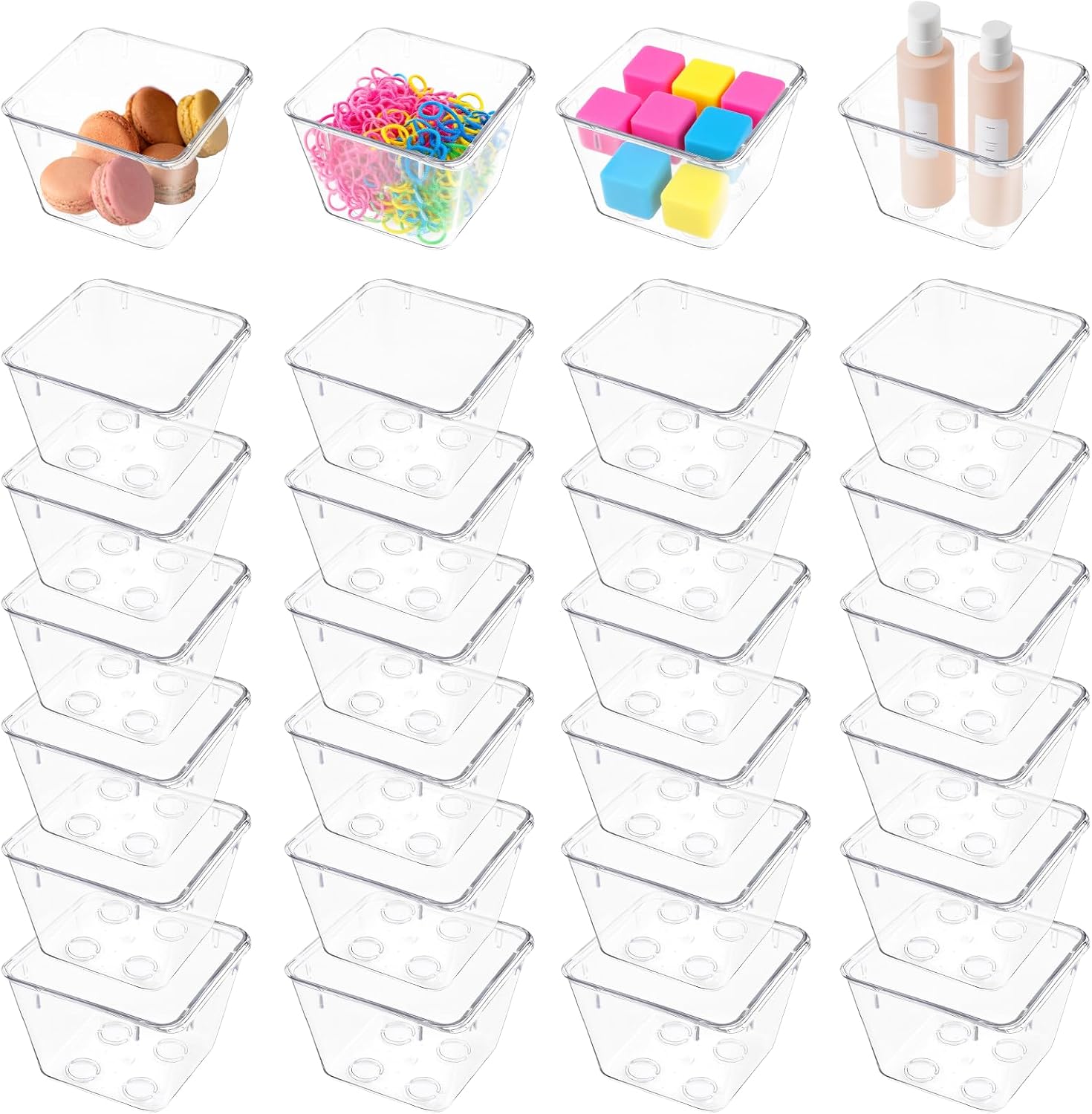 24 Pcs Clear Drawer Organizers 3" x 3" x 2" Stackable Small Makeup Vanity Storage Bins Small Desk Drawer Organization Clear Container Dividers for Makeup Vanity Office Bathroom Kitchen Utensil