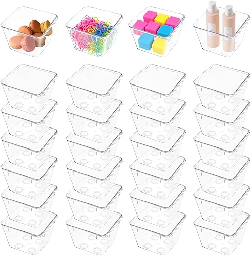 24 organizadores de cajones transparentes de 3 x 3 x 2 pulgadas, apilables, pequeños cubos de almacenamiento de maquillaje, organización de cajones