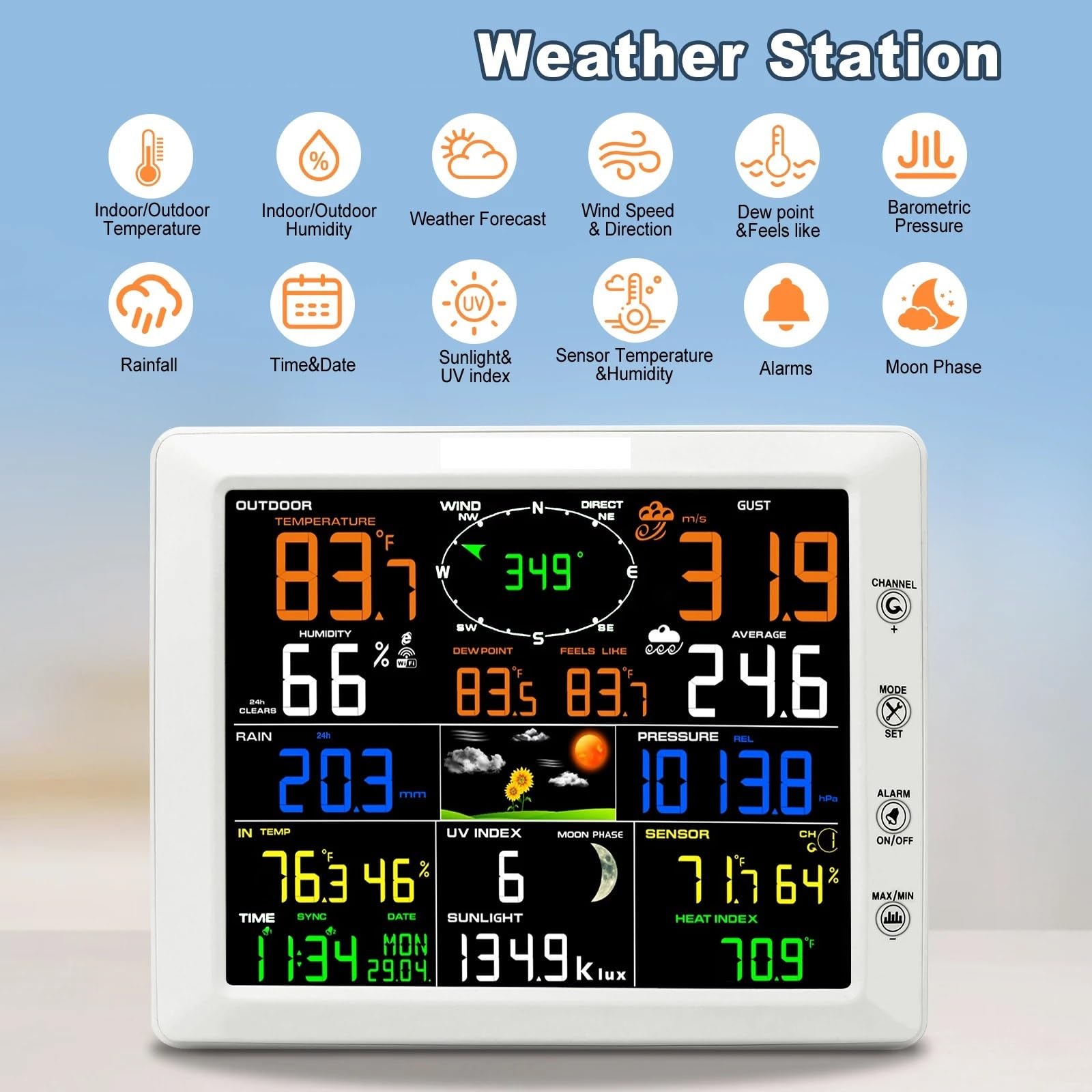 Stazione Meteorologica, Stazione Meteorologica Wi-Fi 7 In 1 Con Display A Colori E Sensore Esterno