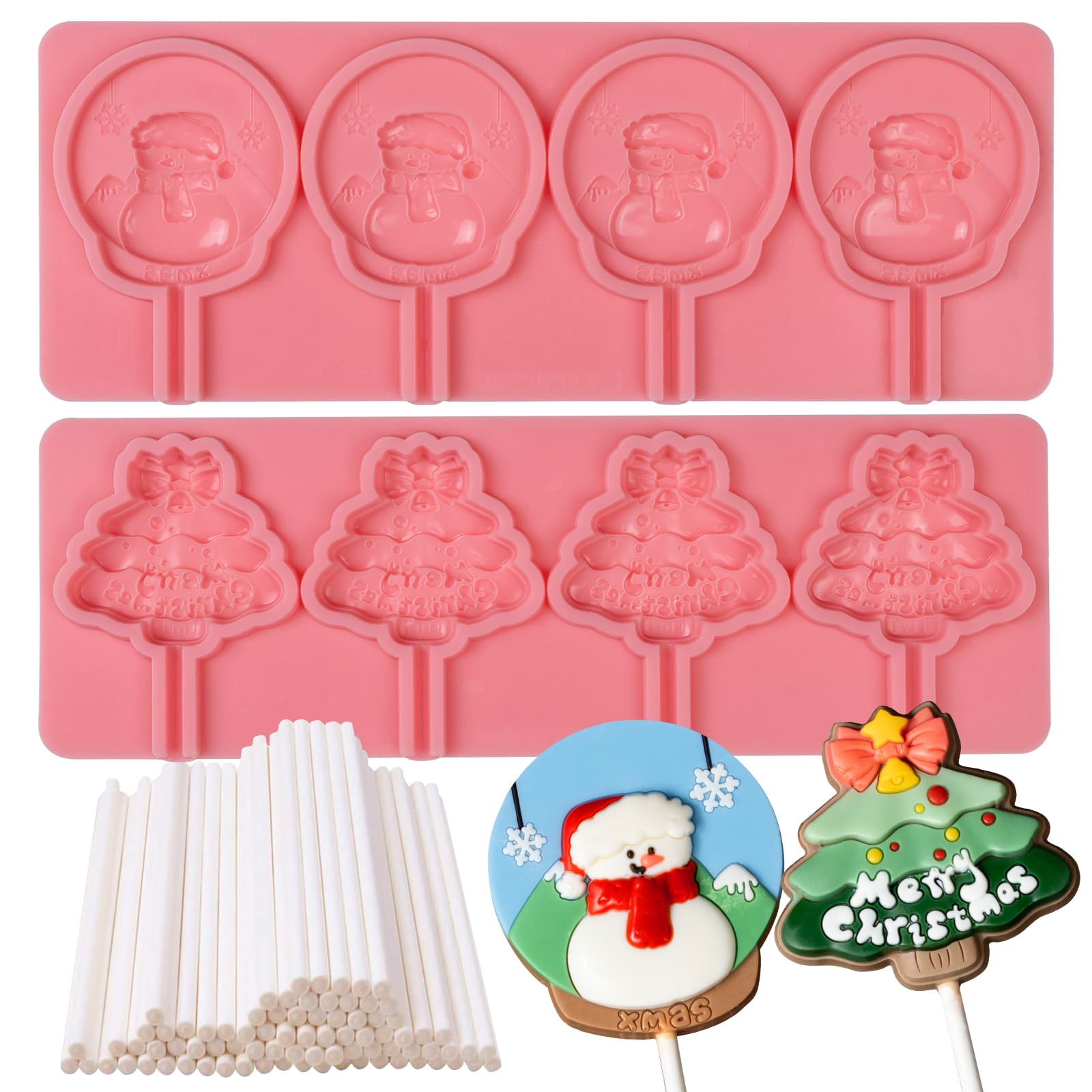KALAIEN Juego de 2 moldes de Navidad para piruletas, moldes de silicona de Navidad, moldes de gomitas de caramelo para chocolate con 100 palitos de succión Lollypop