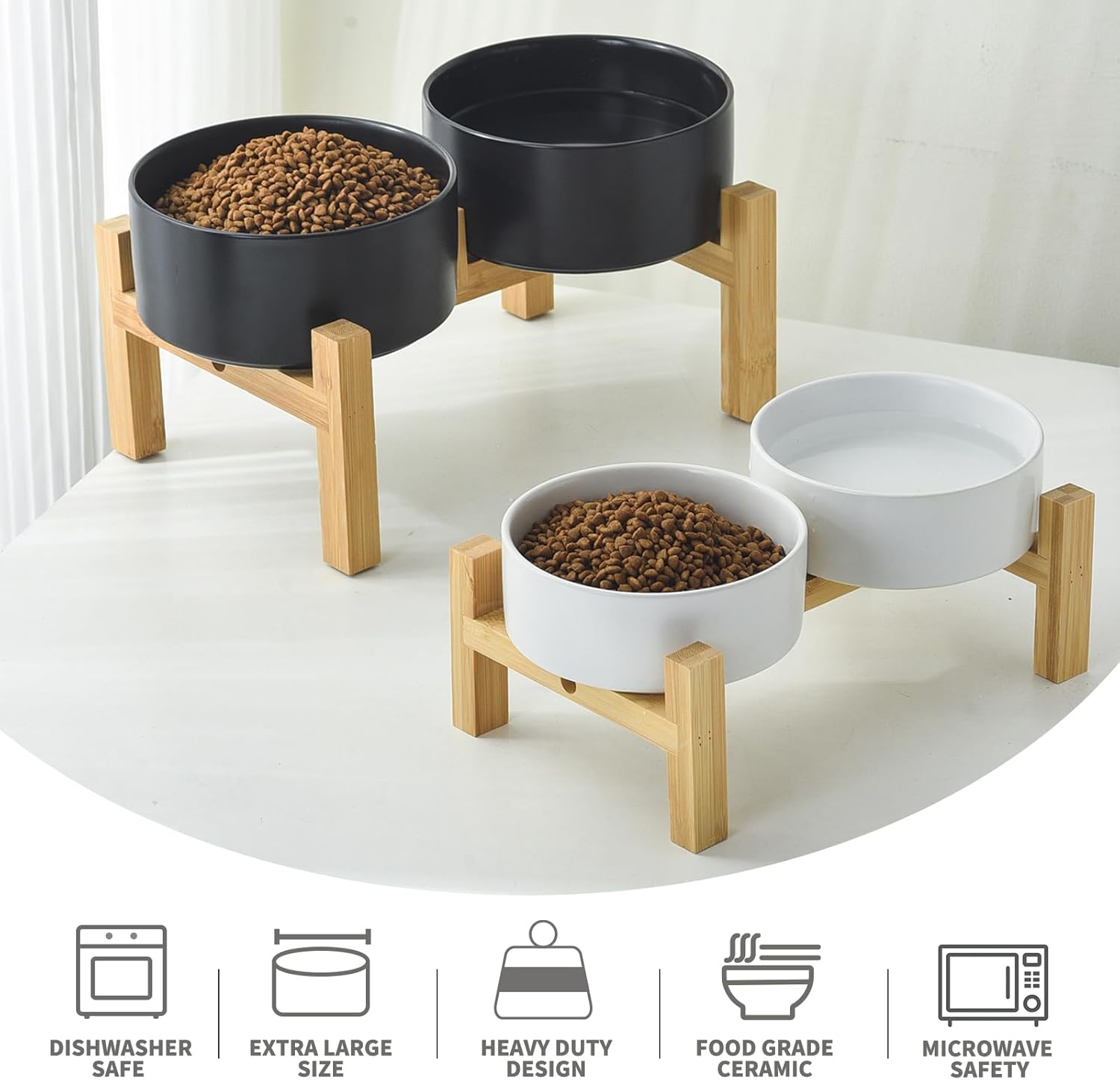Raised Ceramic Dog Bowl Set - Elevated Dog Bowls with Non Slip Bamboo Stand, Food and Water Bowl Set for Small and Medium Breed Dogs, Pet Bowls, Weighted Dogs Dishes (6'', 2 * 30OZ, White)