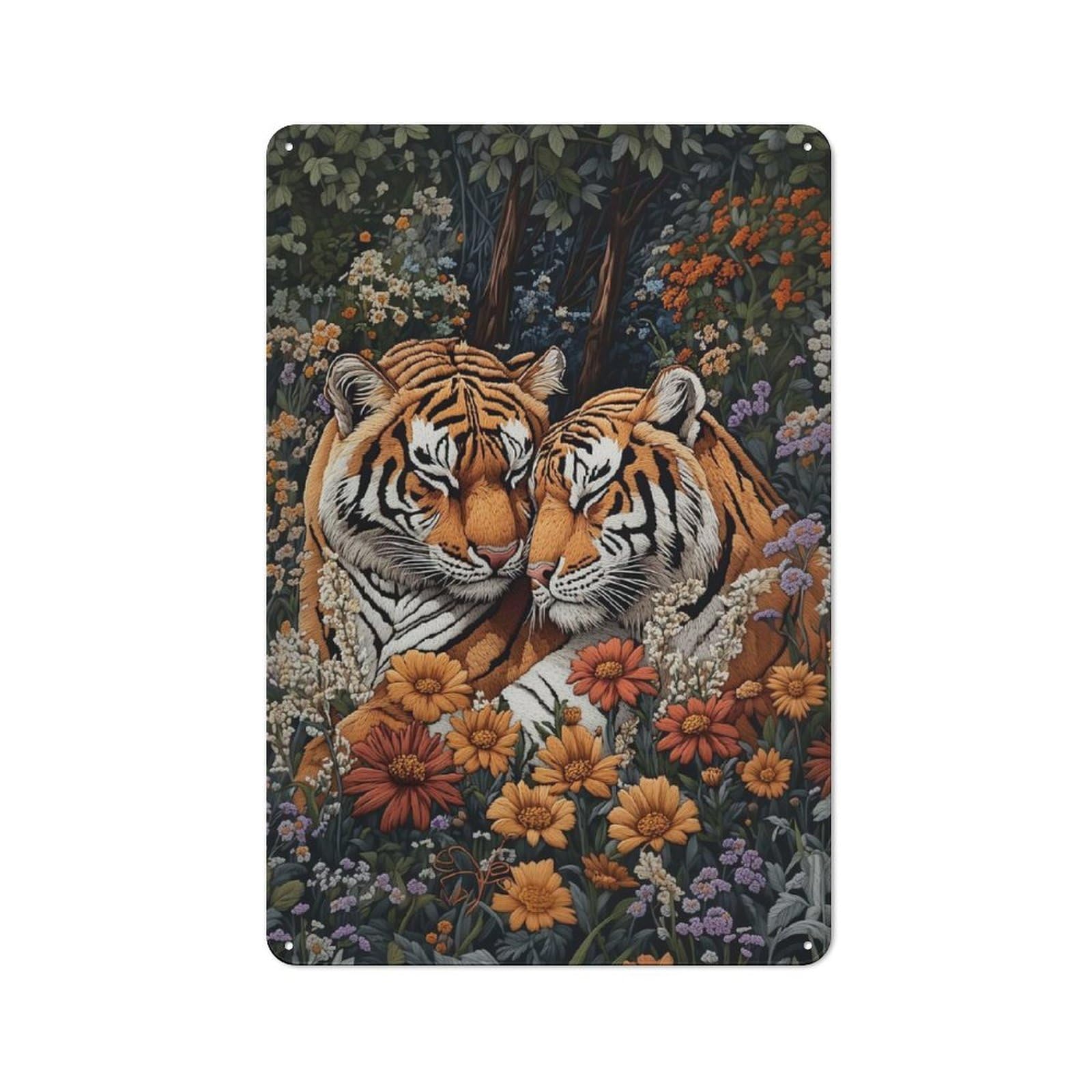 Tiger Love in Bloom Rustic Metal Plaque 30x20cm for Guest Room Or Hallway, A Decorative Metal Sign for Guest Rooms And Hallways