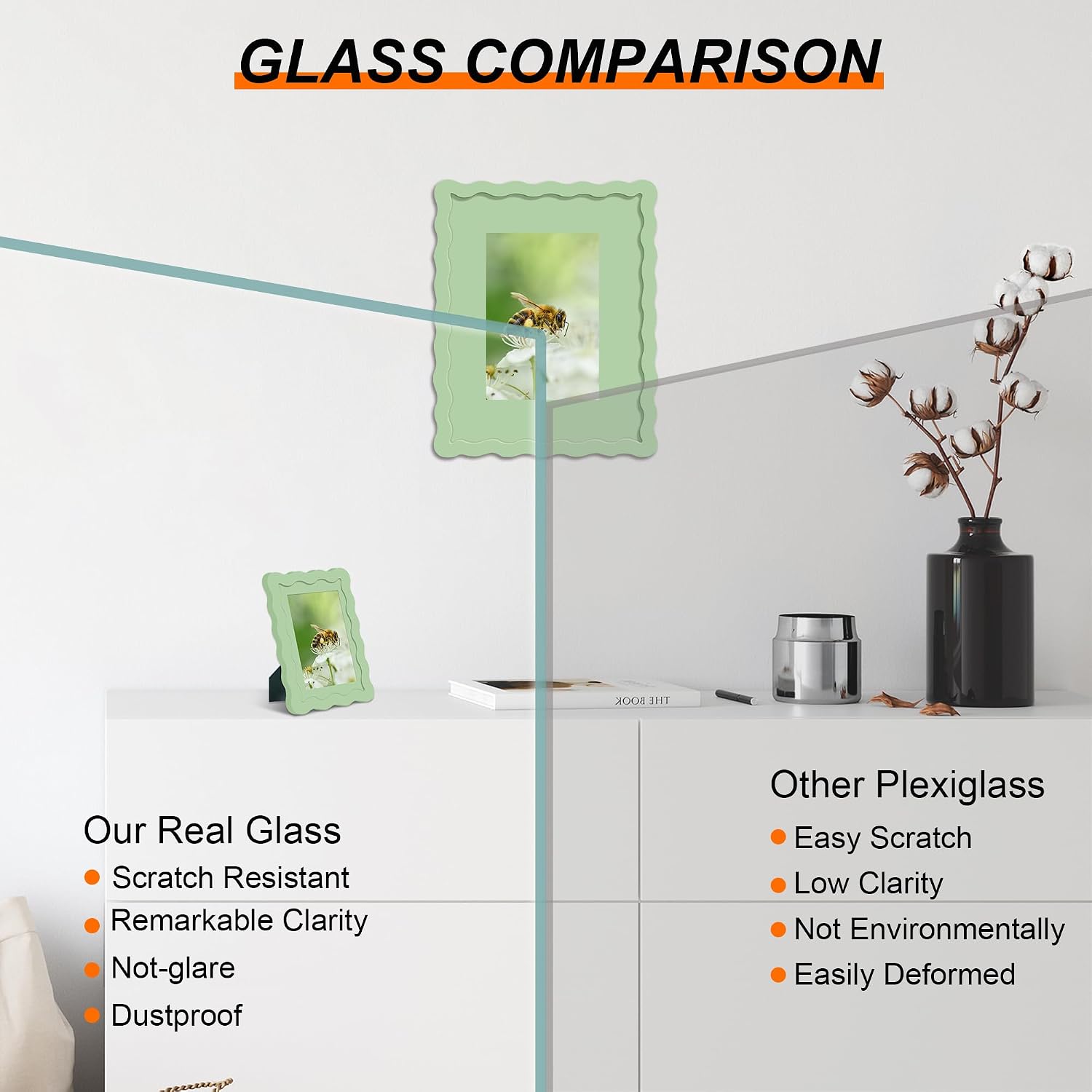 8x8 Picture Frame with Mat for 6x6, Wavy Edge Wooden Real Glass Photo Frame for Tabletop and Wall Hanging, Sage Green, 1 Pack image 2