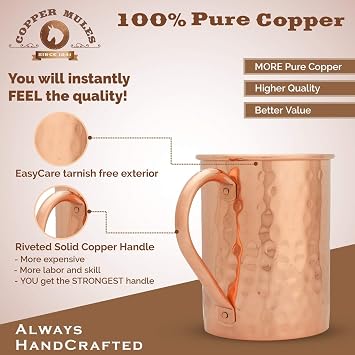Copper Mules Moscow Mule PURE Copper Mugs Set of 2 HandCrafted of 100% Pure THICK Copper - Straight Hammered Finish - EasyCare Copper Interior - Strong Authentic Riveted Handles Holds 16 ounces