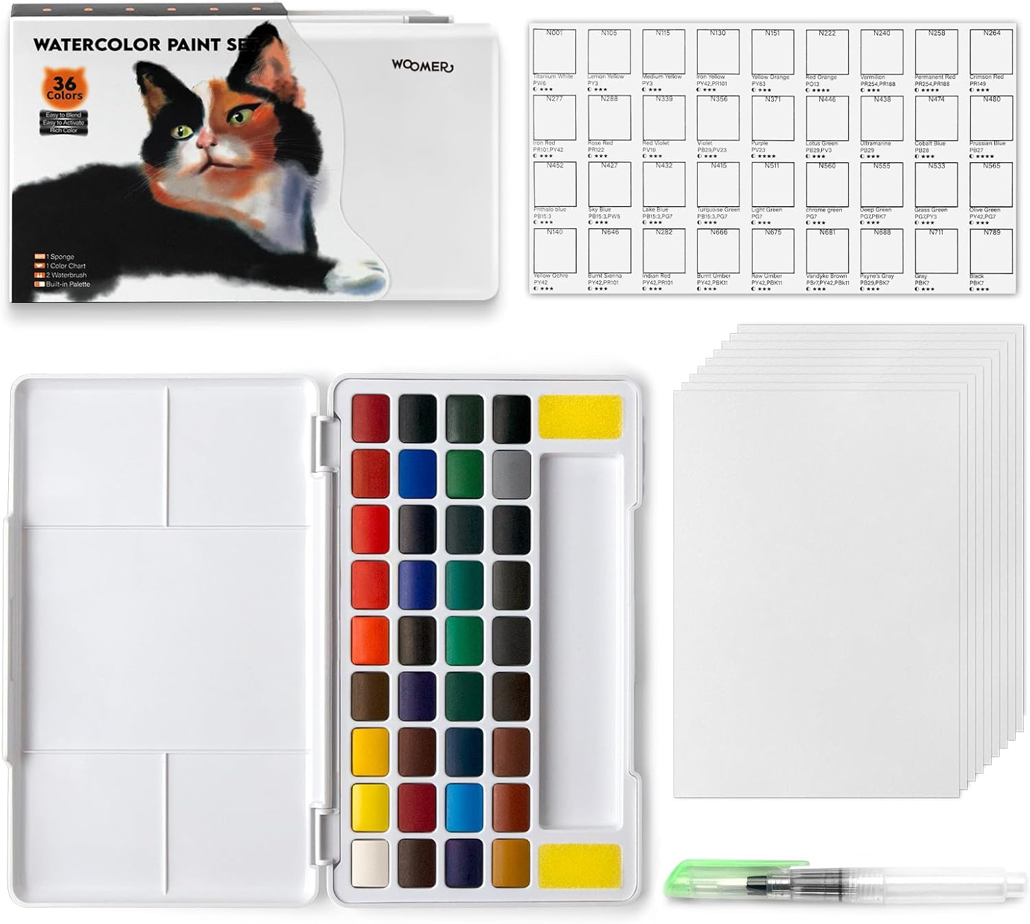 Woomer Watercolor Paint Set, 36 Vibrant Colors with Water Brush & 10 Premium Cotton Watercolor Papers (32K), Perfect for Beginners, Hobbyists and More
