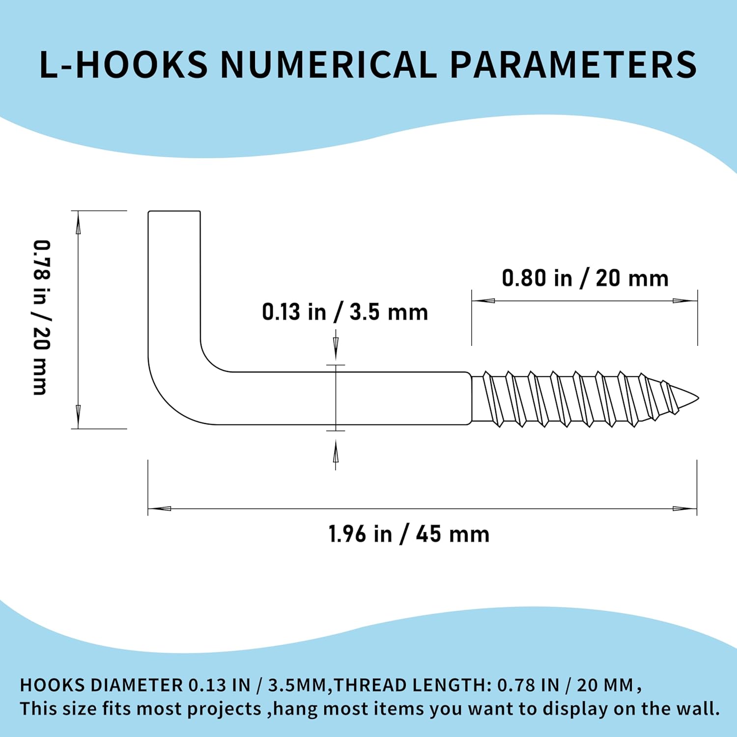 304 Stainless Steel 2 in Screw-in Hooks 20 Pcs,7 Shape Screw Hooks,Right Angle Medal Hooks l Shaped Screw in Hooks for Hanging