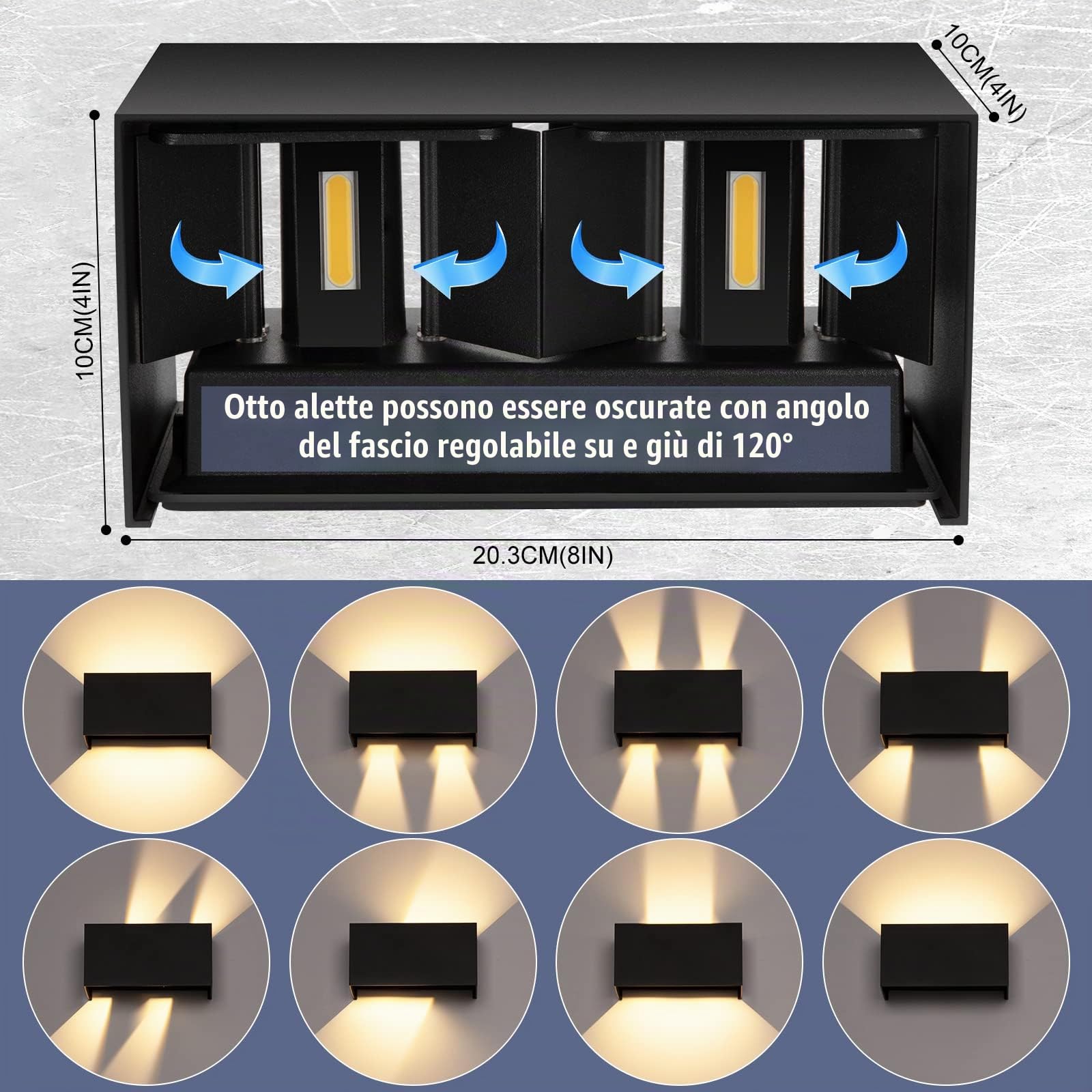4 lampade da parete a LED da 24 W, per interni/esterni, colore nero, lampada da parete regolabile su e giù, lampada da parete per esterni, luce bianca calda, 3000 K, IP65, impermeabile