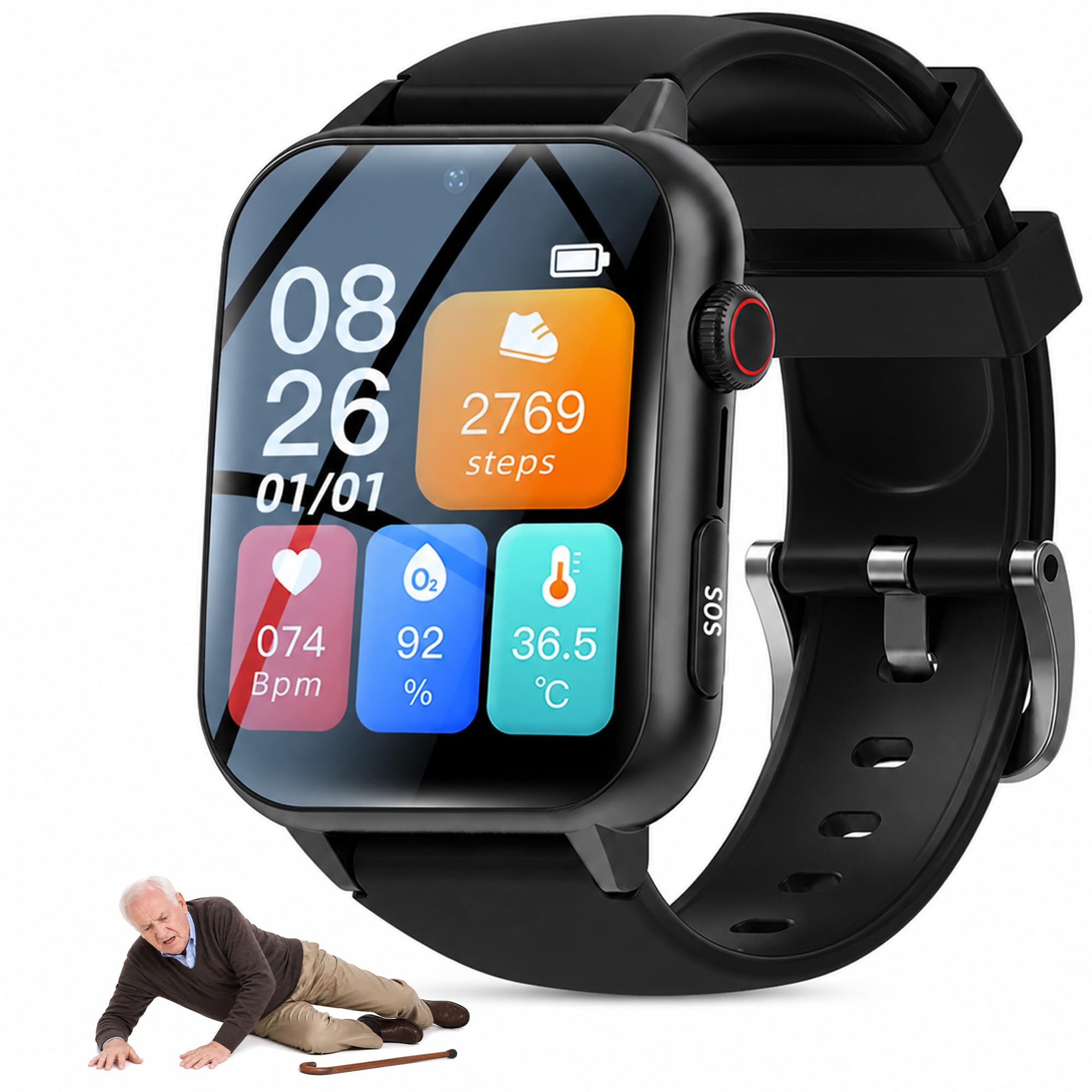 4G Senioren Smartwatch mit SOS Notruf, GPS Ortung und Sturzerkennung, Videoanruf, Zwei-Wege-Telefonie, IP67, Notruf Uhr für ältere Menschen, SIM Karte erforderlich (Schwarz)