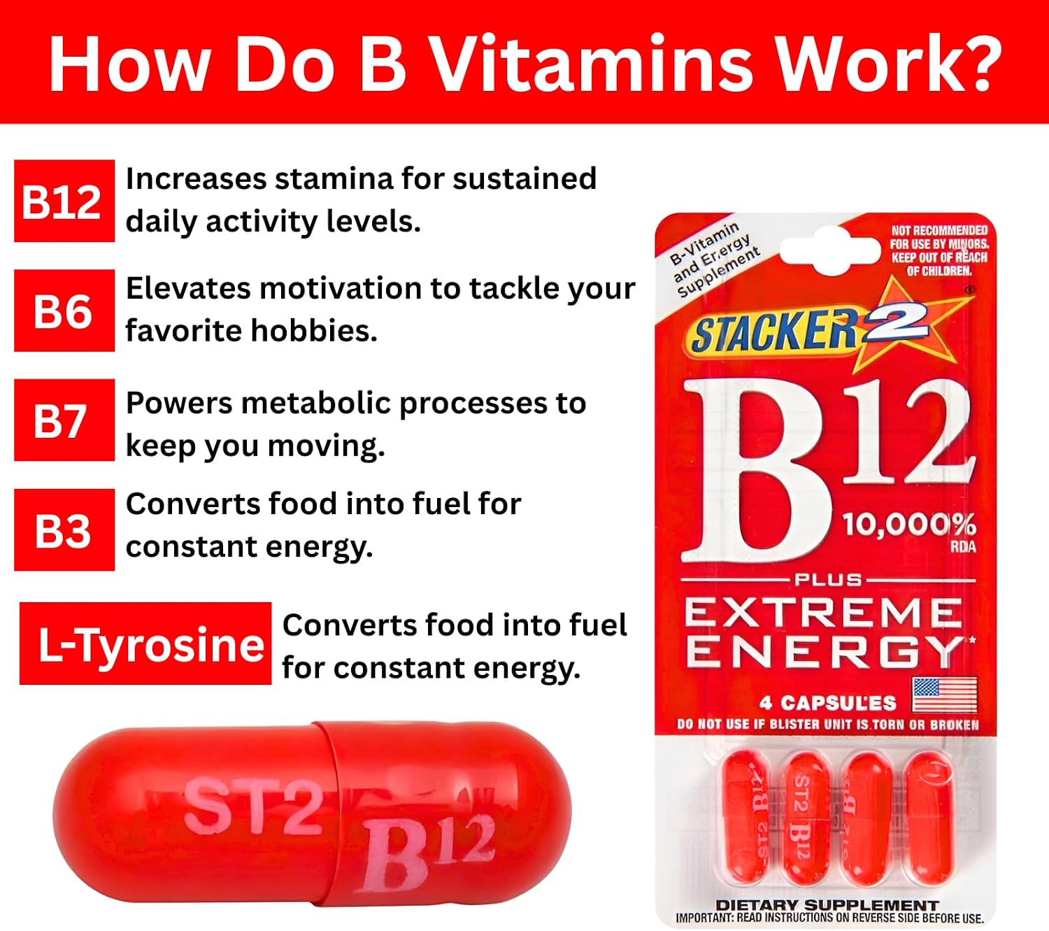 Stacker B12 Extreme Energy Capsule 10,000 RDA Vitamin B Complex B12 B6 B3 B7 Vegan Cyanocobalamin, 10,000% DRV B6 Pyridoxine - 40mg B7 Biotin B3 Niacinamide 20mg (24 Pack - 96 Capsules, Capsule Count)