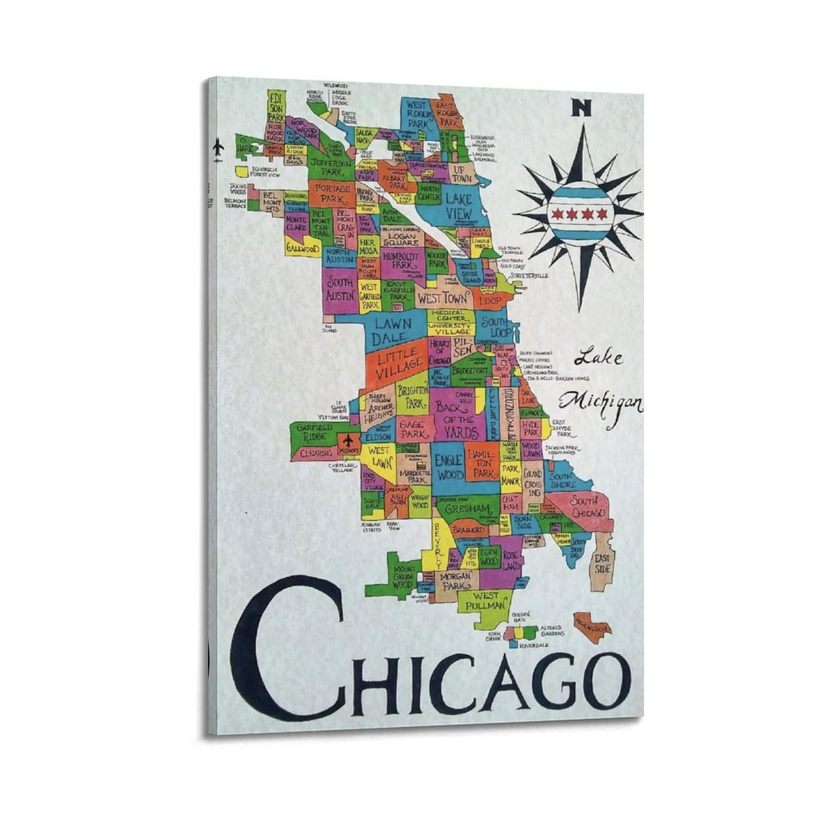 OKAHYS Vintage Travel Poster Chicago Map Artwork Decorative Painting Canvas Wall Artworks Picture 20x30inch(50x75cm)