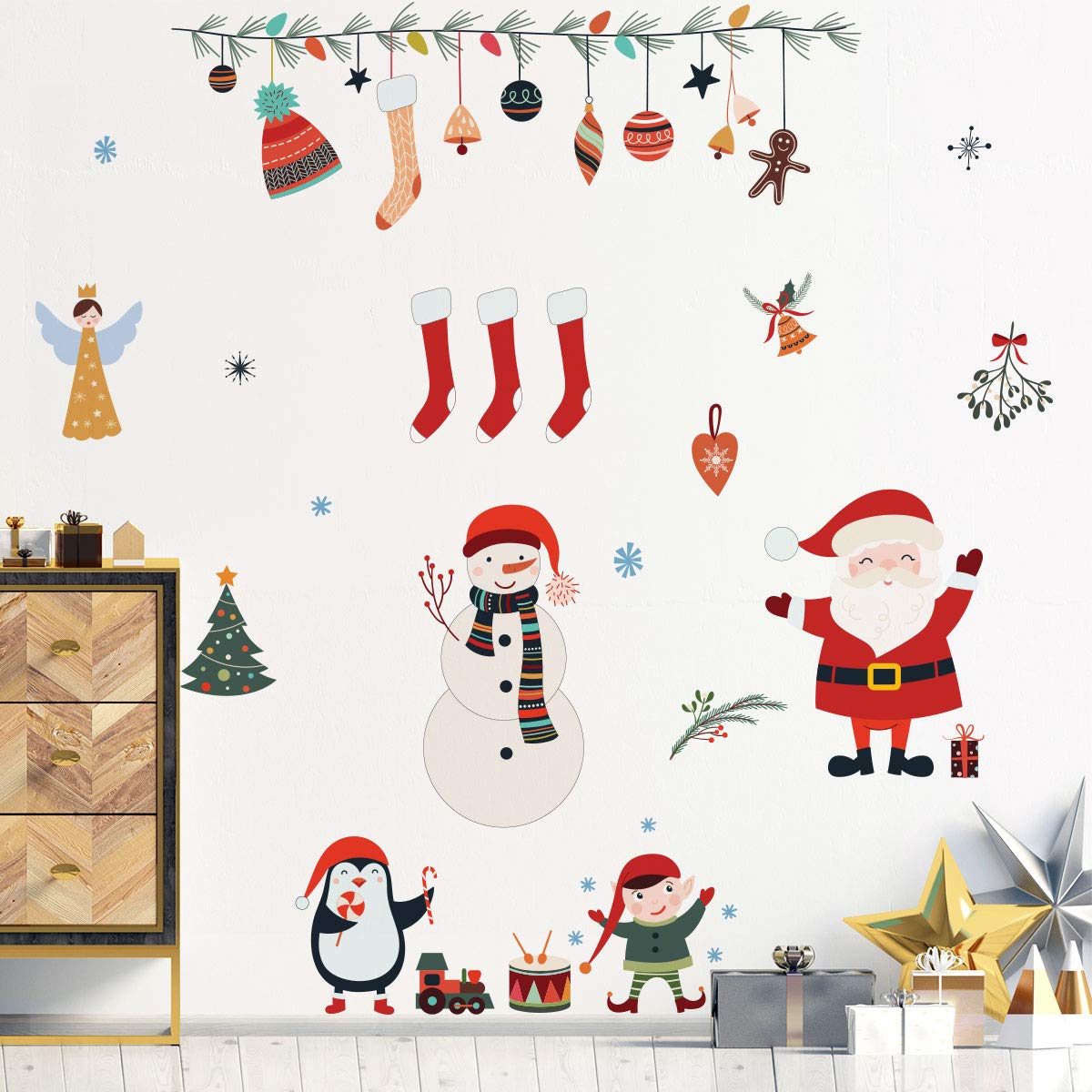 Ambiance Sticker Mural de Noël Éléments - Déco Fêtes, 60 x 80 cm | Stickers muraux de Noël, autocollant prédécoupé fond translucide, convient vitres et murs colorés, sans travaux