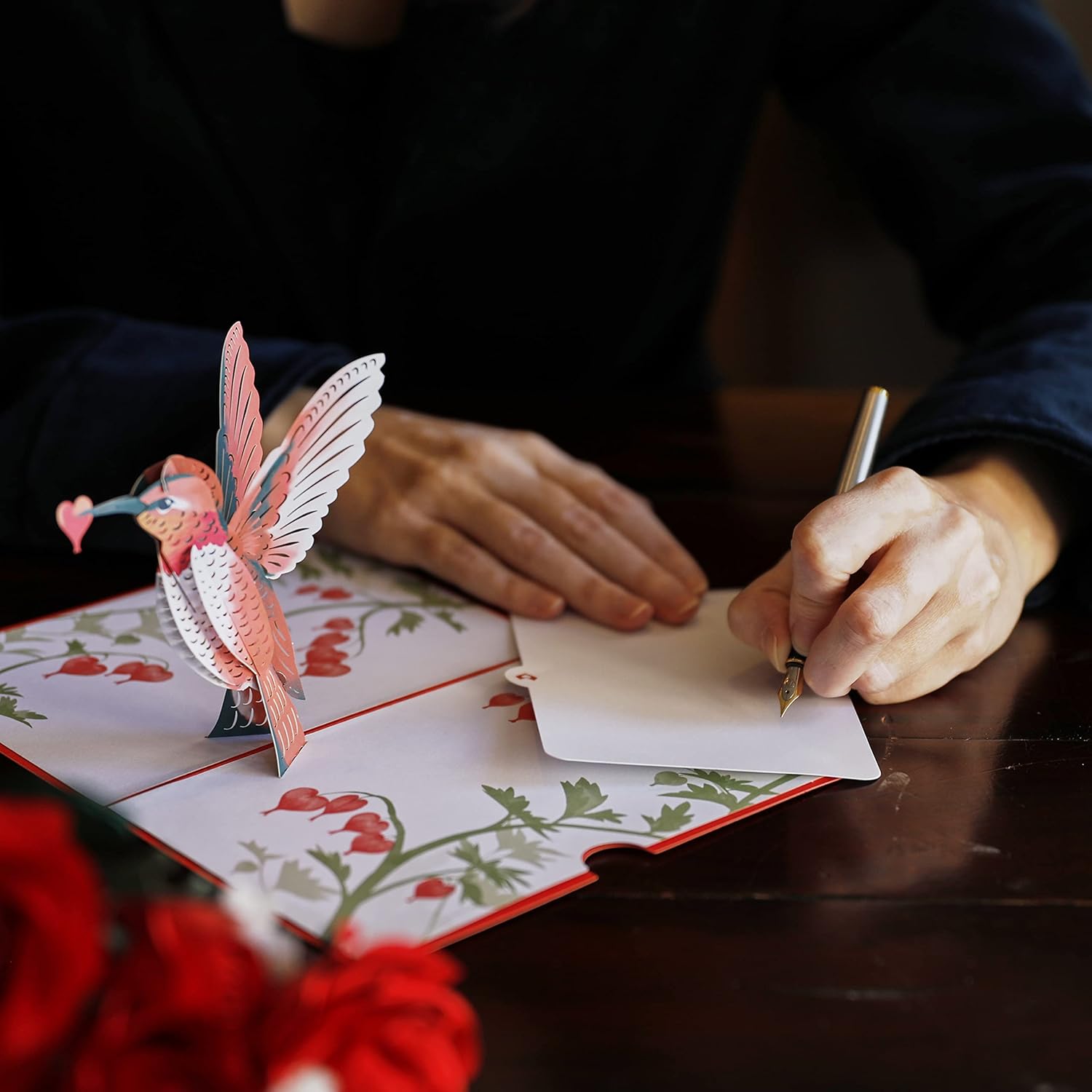 Lovepop Valentines Day Card for Her, Him - 3D Romantic Greeting Pop-Up Cards - Bundle Red Roses Bouquet and Hummingbird Card - 10" x 7.5" and 5" x 7" - Blank Notecard & Envelope Included
