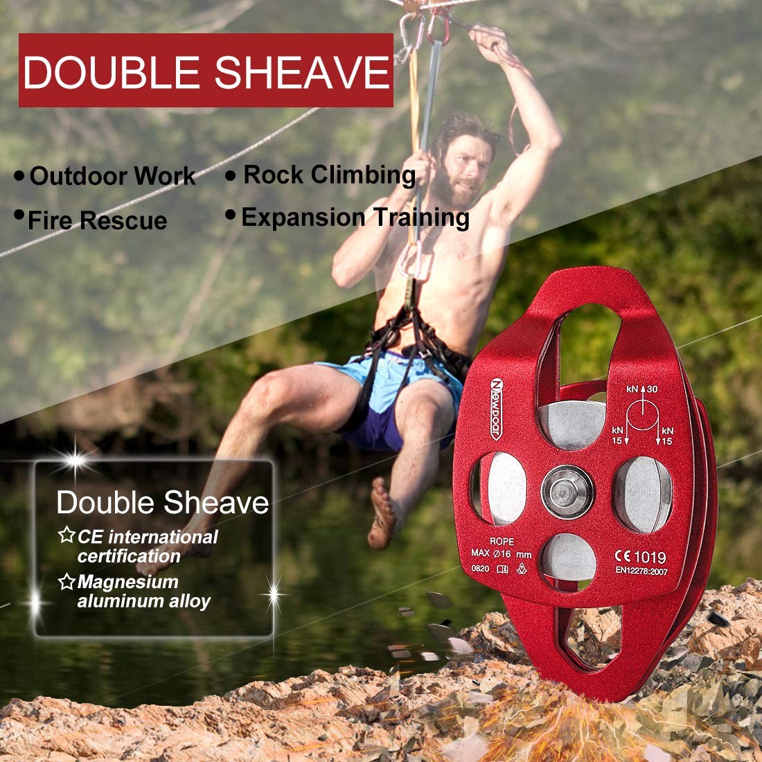 NewDoar Polea de rescate grande con certificado CE de 30 KN, doble polea con placa oscilante para alpinismo al aire libre, rescate de escalada en roca (rojo, 1 unidad)
